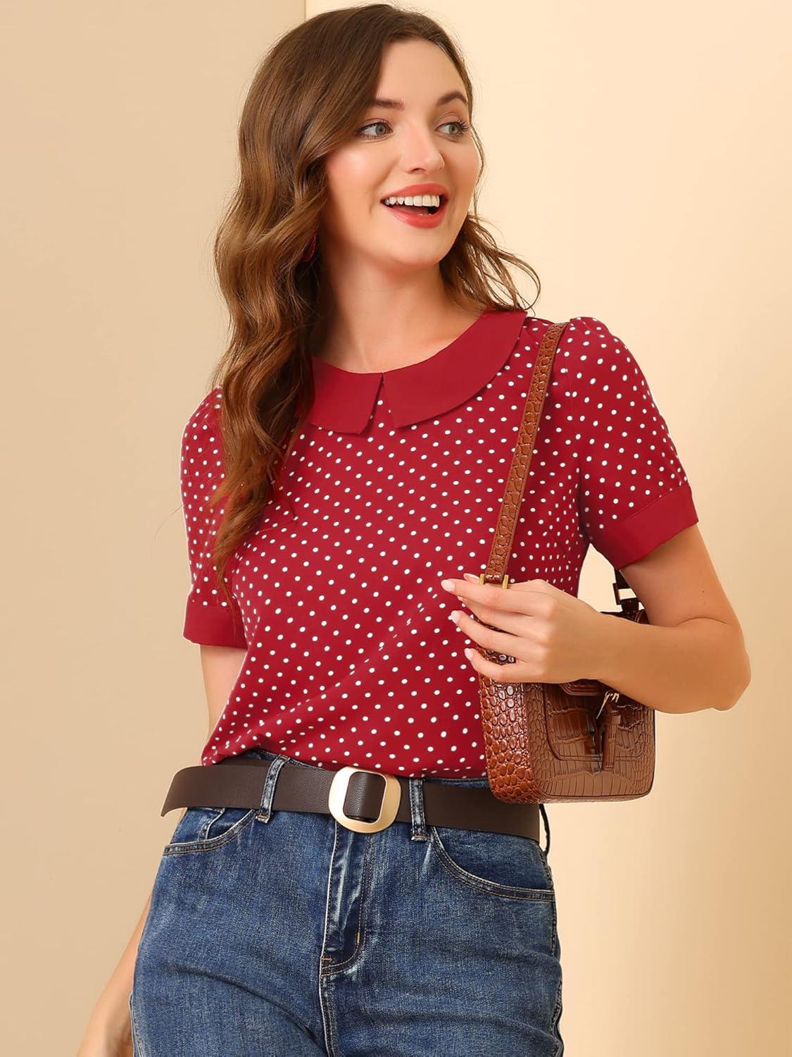 imageAllegra K Womens Peter Pan Collar Shirt Vintage 1950s Polka Dots BlouseRed