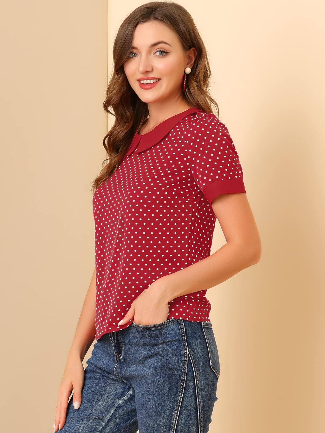imageAllegra K Womens Peter Pan Collar Shirt Vintage 1950s Polka Dots BlouseRed