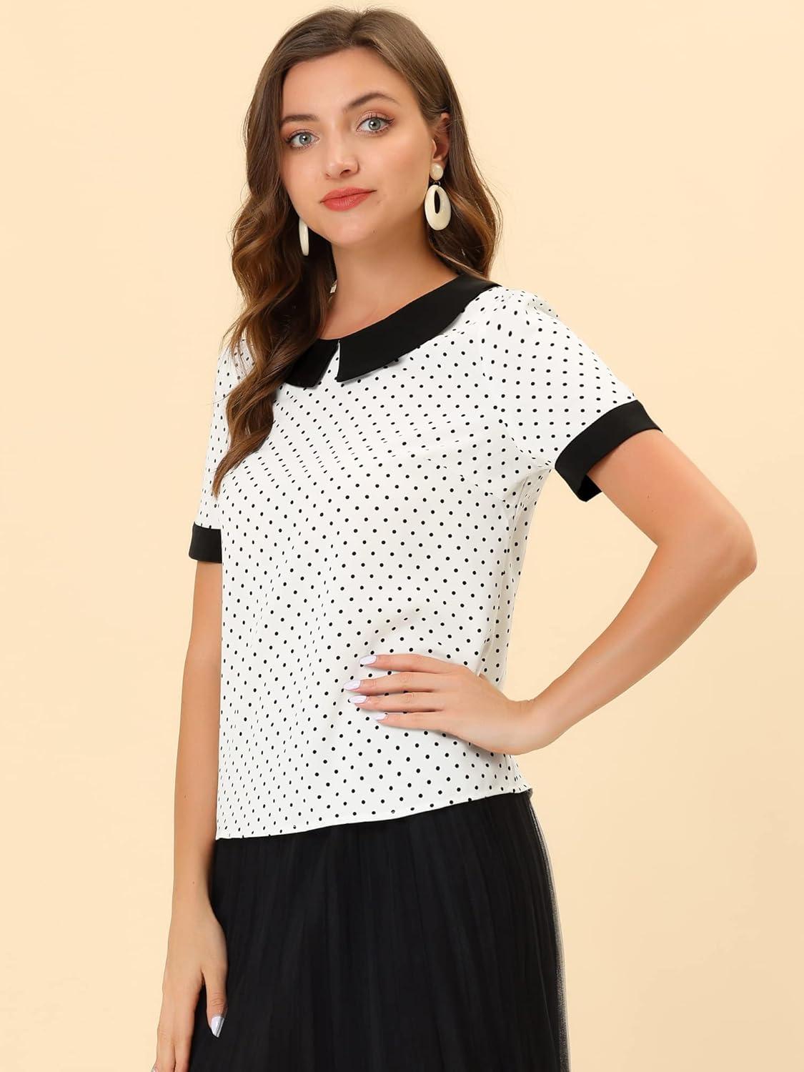 imageAllegra K Womens Peter Pan Collar Shirt Vintage 1950s Polka Dots BlouseWhite