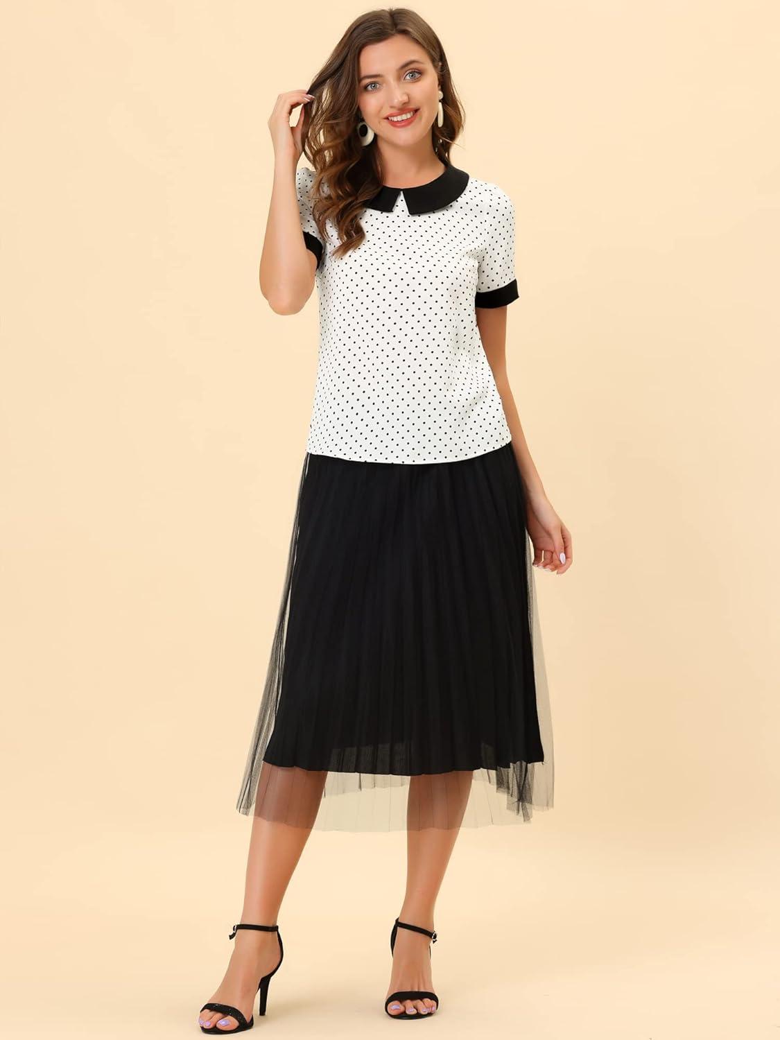 imageAllegra K Womens Peter Pan Collar Shirt Vintage 1950s Polka Dots BlouseWhite