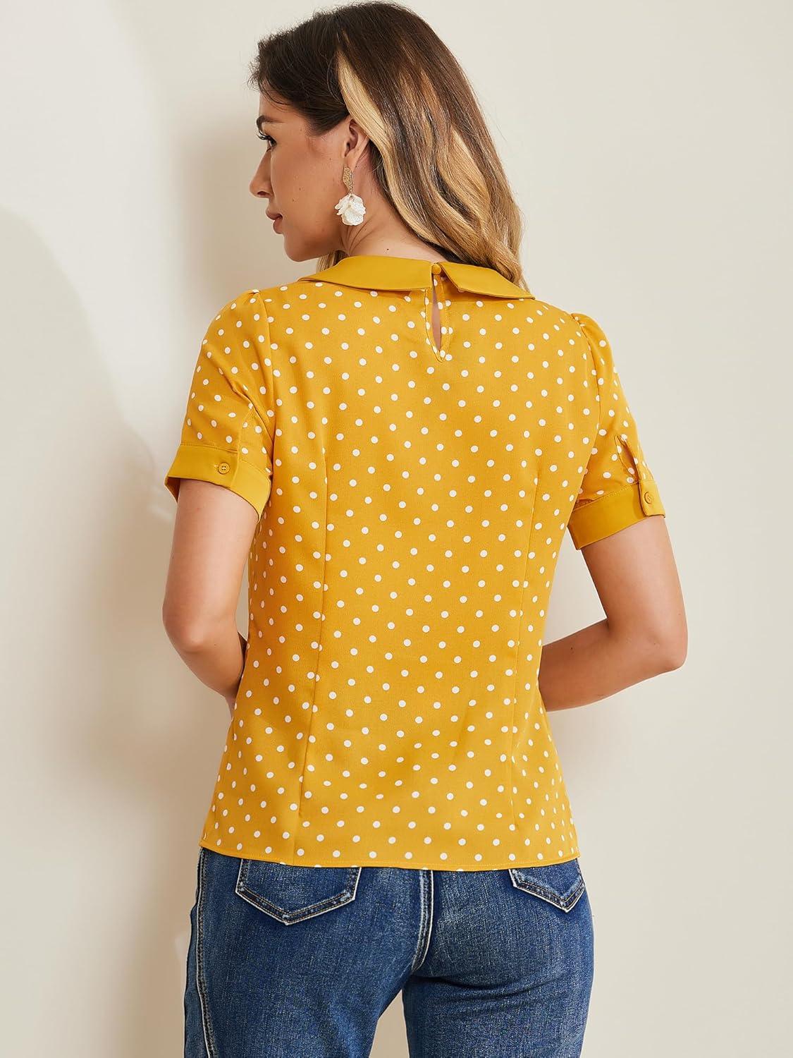 imageAllegra K Womens Peter Pan Collar Shirt Vintage 1950s Polka Dots BlouseYellow