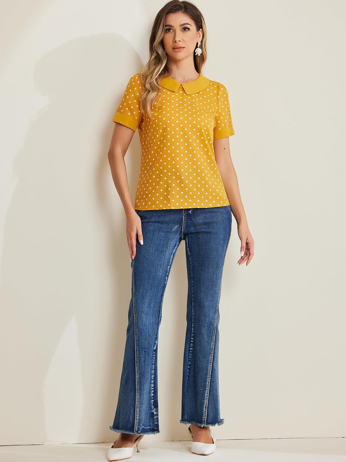 imageAllegra K Womens Peter Pan Collar Shirt Vintage 1950s Polka Dots BlouseYellow