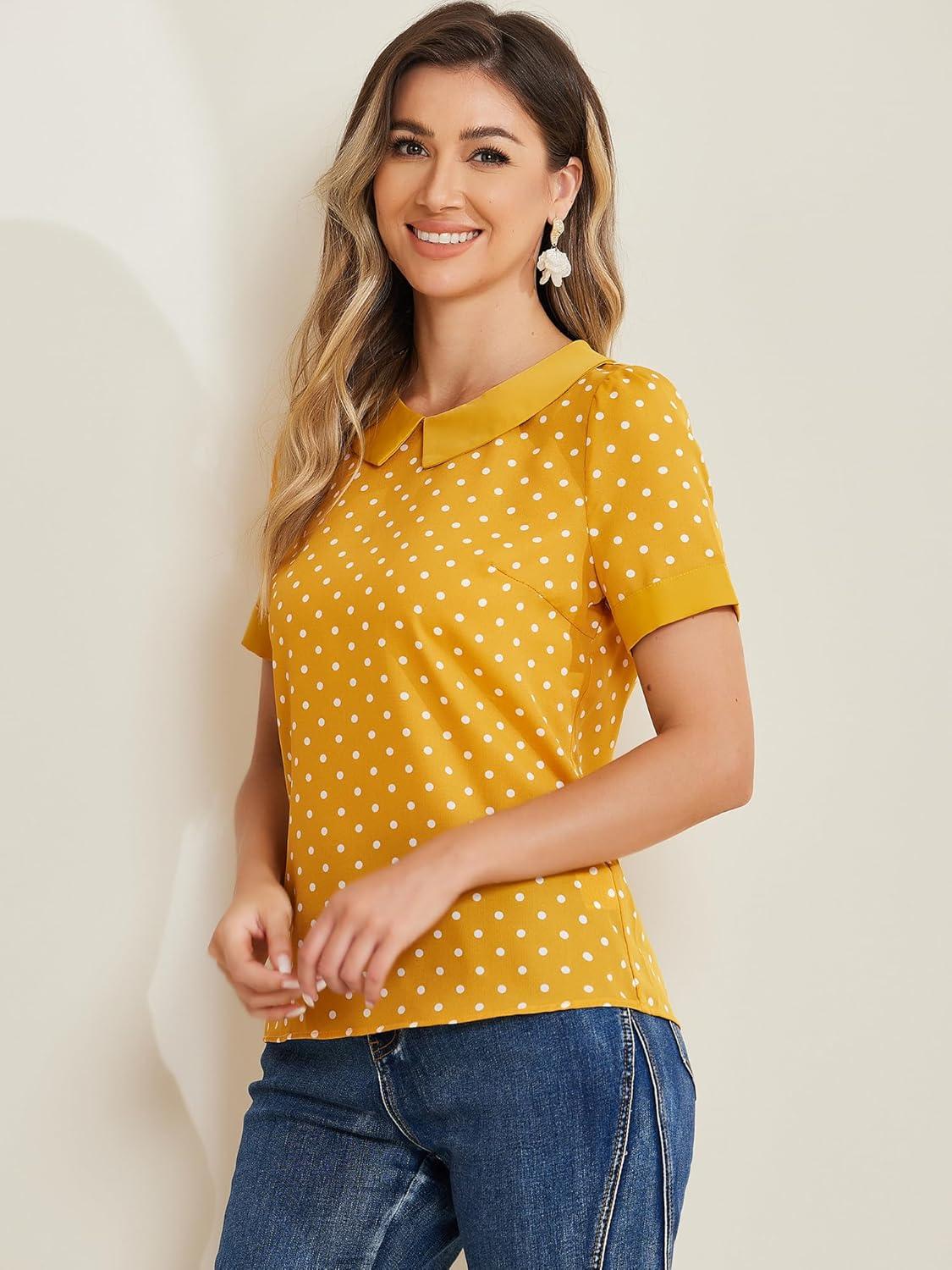 imageAllegra K Womens Peter Pan Collar Shirt Vintage 1950s Polka Dots BlouseYellow