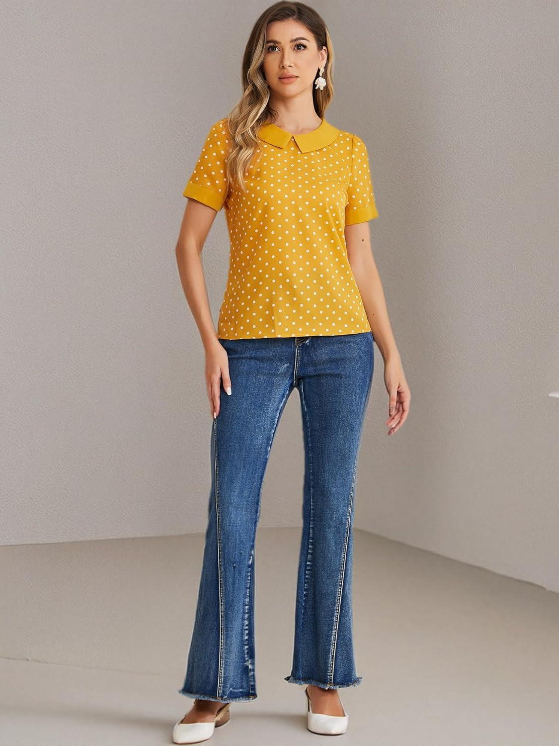 imageAllegra K Womens Peter Pan Collar Shirt Vintage 1950s Polka Dots BlouseYellow