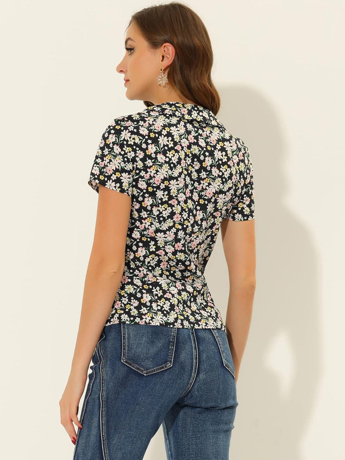 imageAllegra K Womens Peter Pan Collar Shirts Button Front Vintage Floral Blouse TopBlack