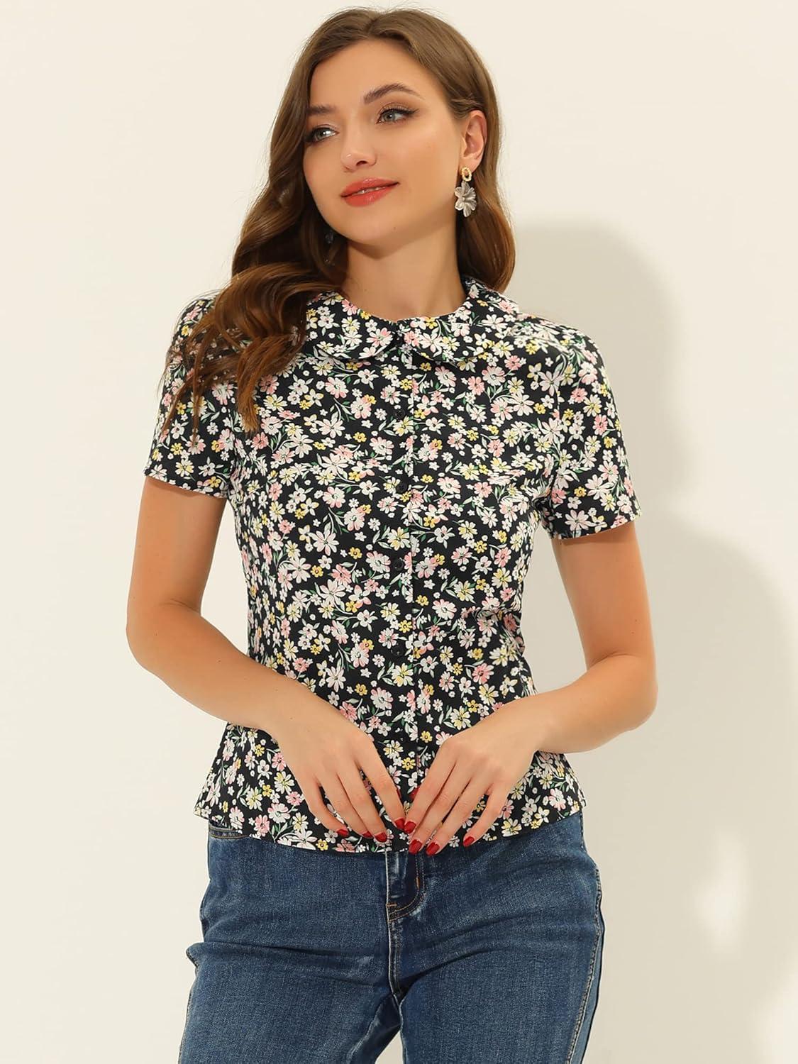 imageAllegra K Womens Peter Pan Collar Shirts Button Front Vintage Floral Blouse TopBlack