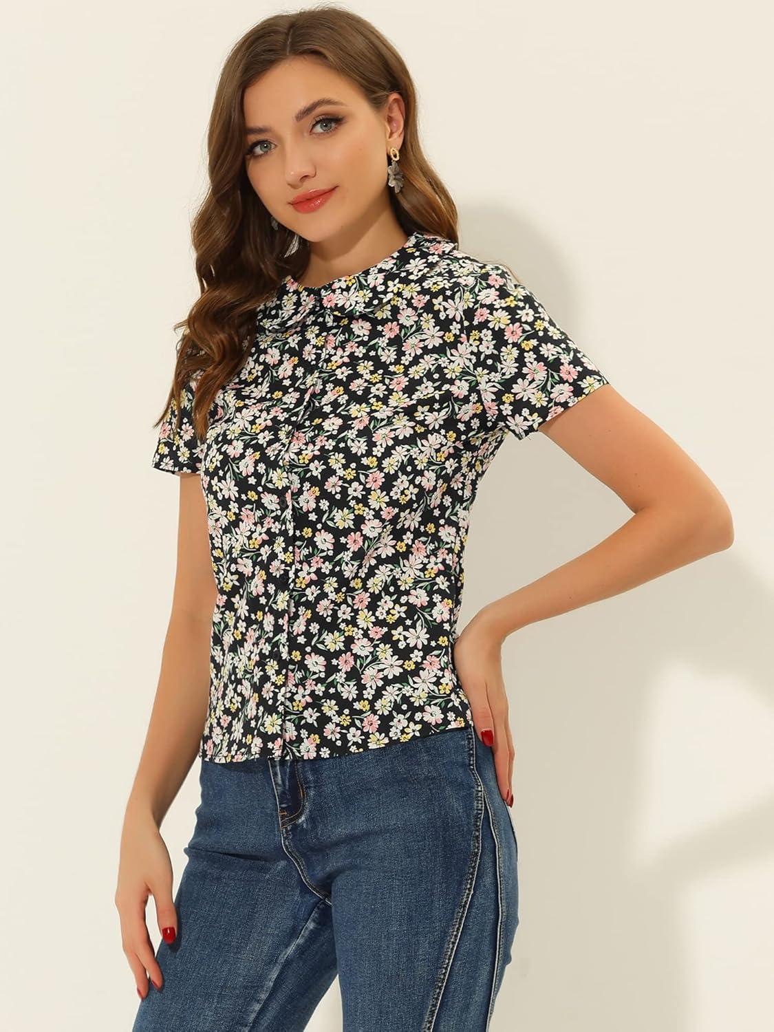imageAllegra K Womens Peter Pan Collar Shirts Button Front Vintage Floral Blouse TopBlack