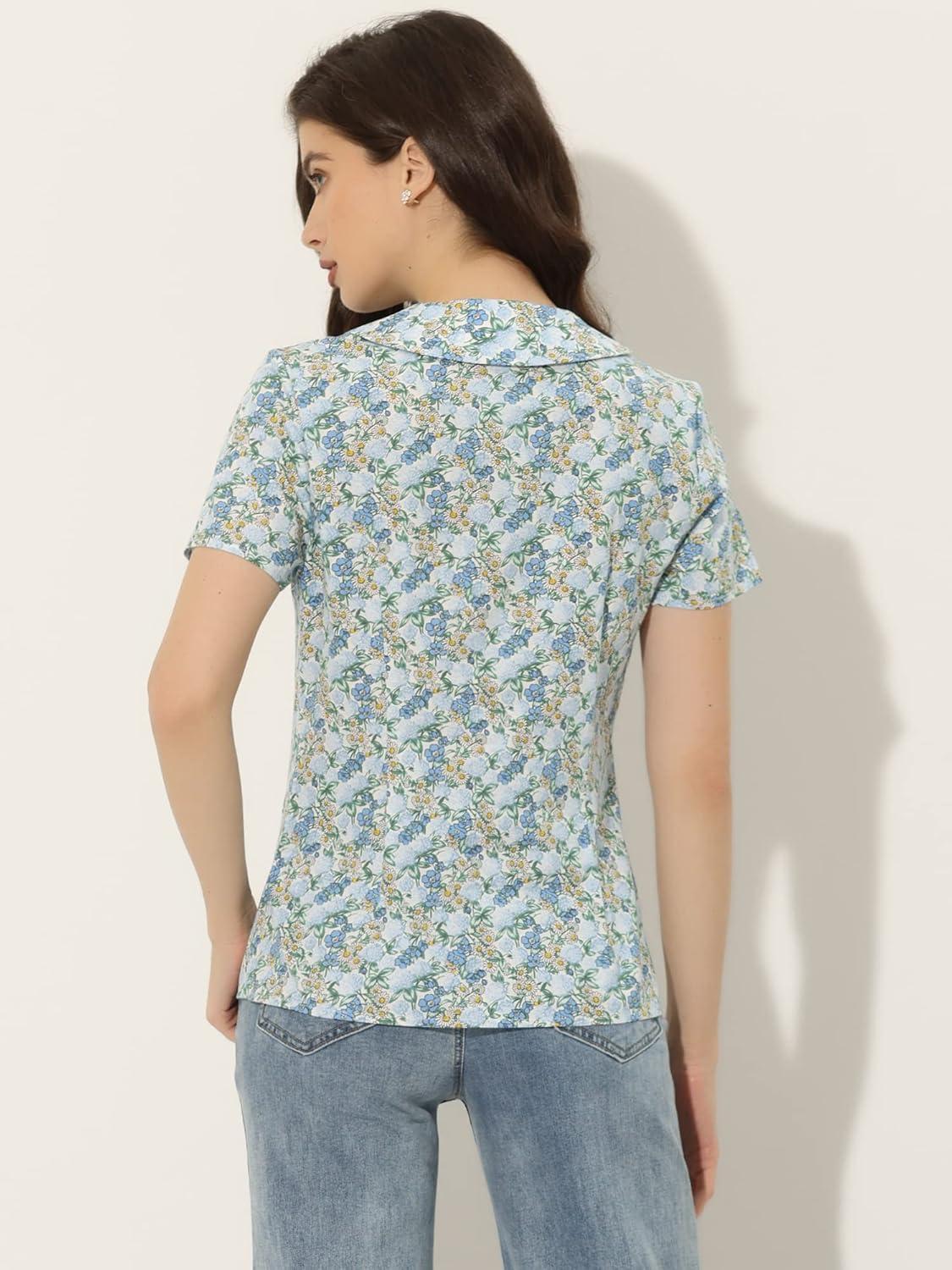 imageAllegra K Womens Peter Pan Collar Shirts Button Front Vintage Floral Blouse TopBlue