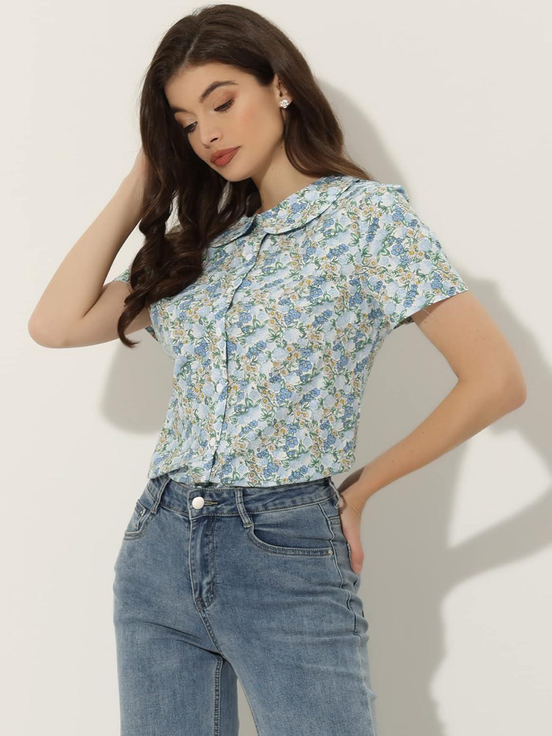 imageAllegra K Womens Peter Pan Collar Shirts Button Front Vintage Floral Blouse TopBlue