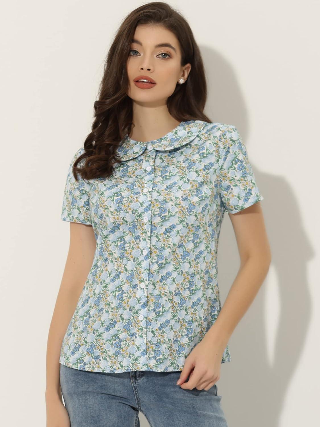 imageAllegra K Womens Peter Pan Collar Shirts Button Front Vintage Floral Blouse TopBlue