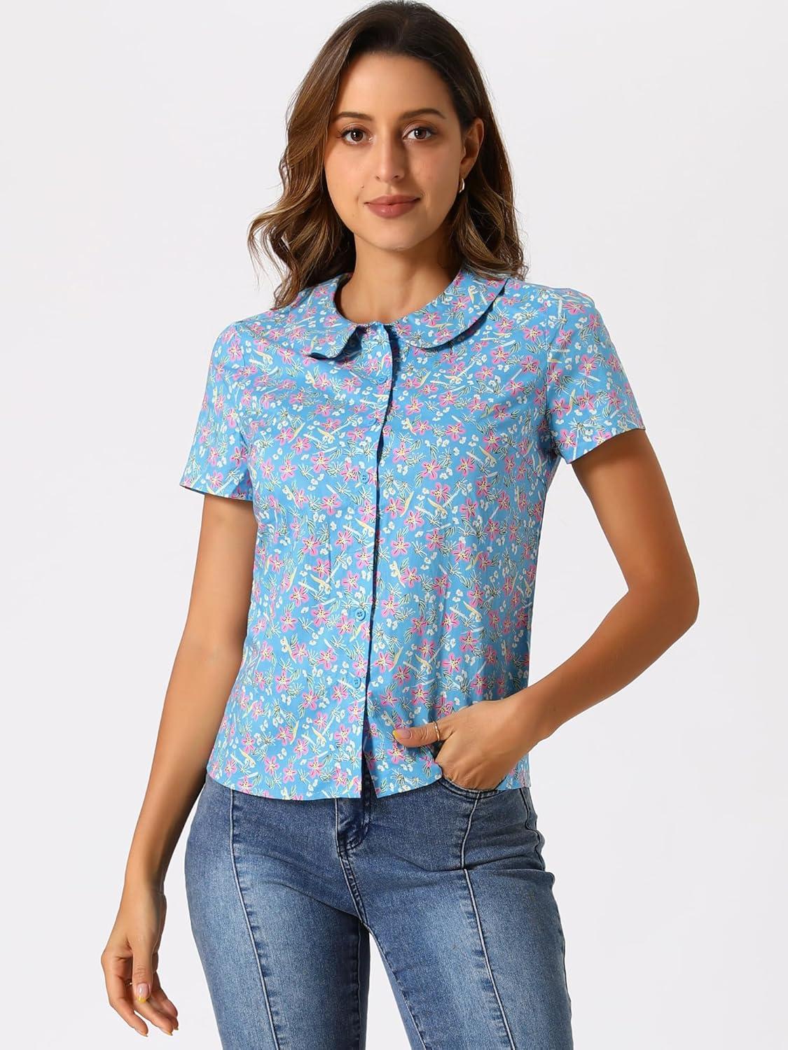 imageAllegra K Womens Peter Pan Collar Shirts Button Front Vintage Floral Blouse TopBlue Gray