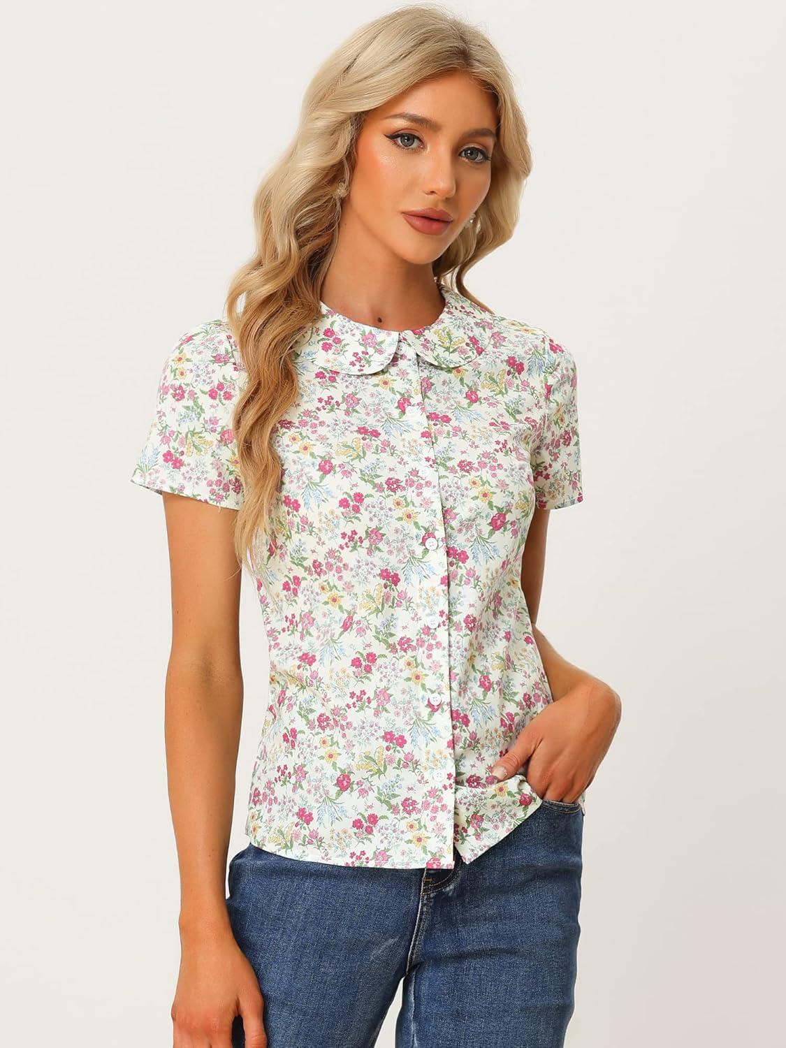 imageAllegra K Womens Peter Pan Collar Shirts Button Front Vintage Floral Blouse TopCream White