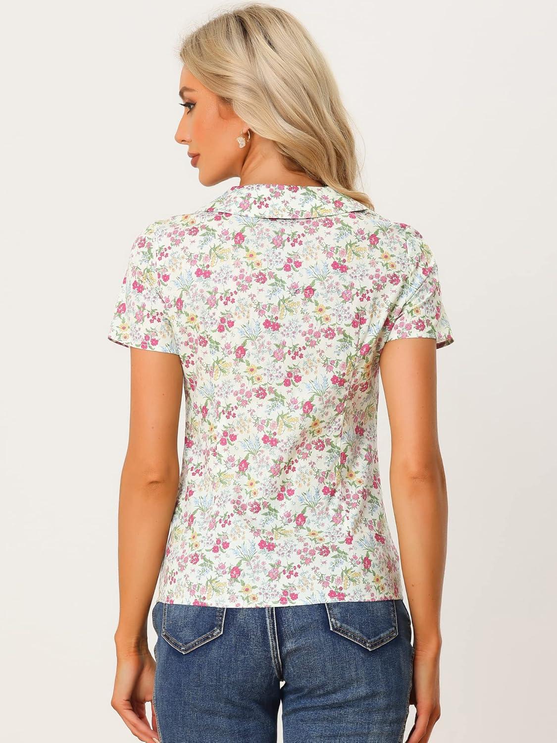 imageAllegra K Womens Peter Pan Collar Shirts Button Front Vintage Floral Blouse TopCream White