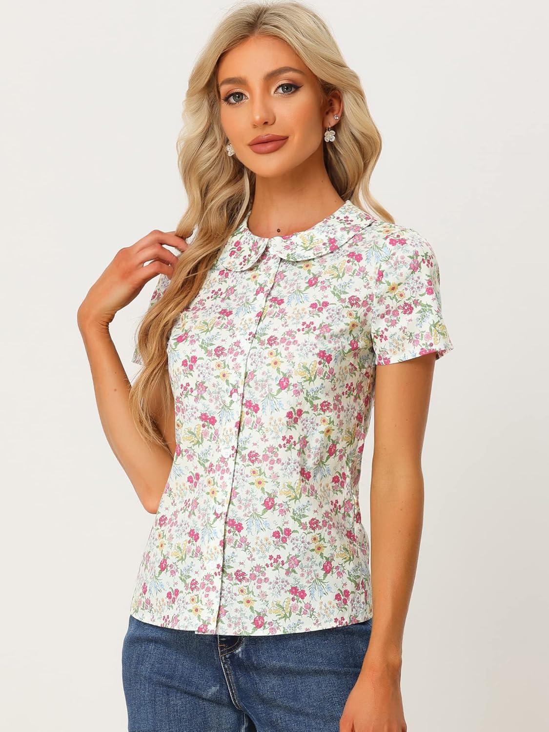 imageAllegra K Womens Peter Pan Collar Shirts Button Front Vintage Floral Blouse TopCream White