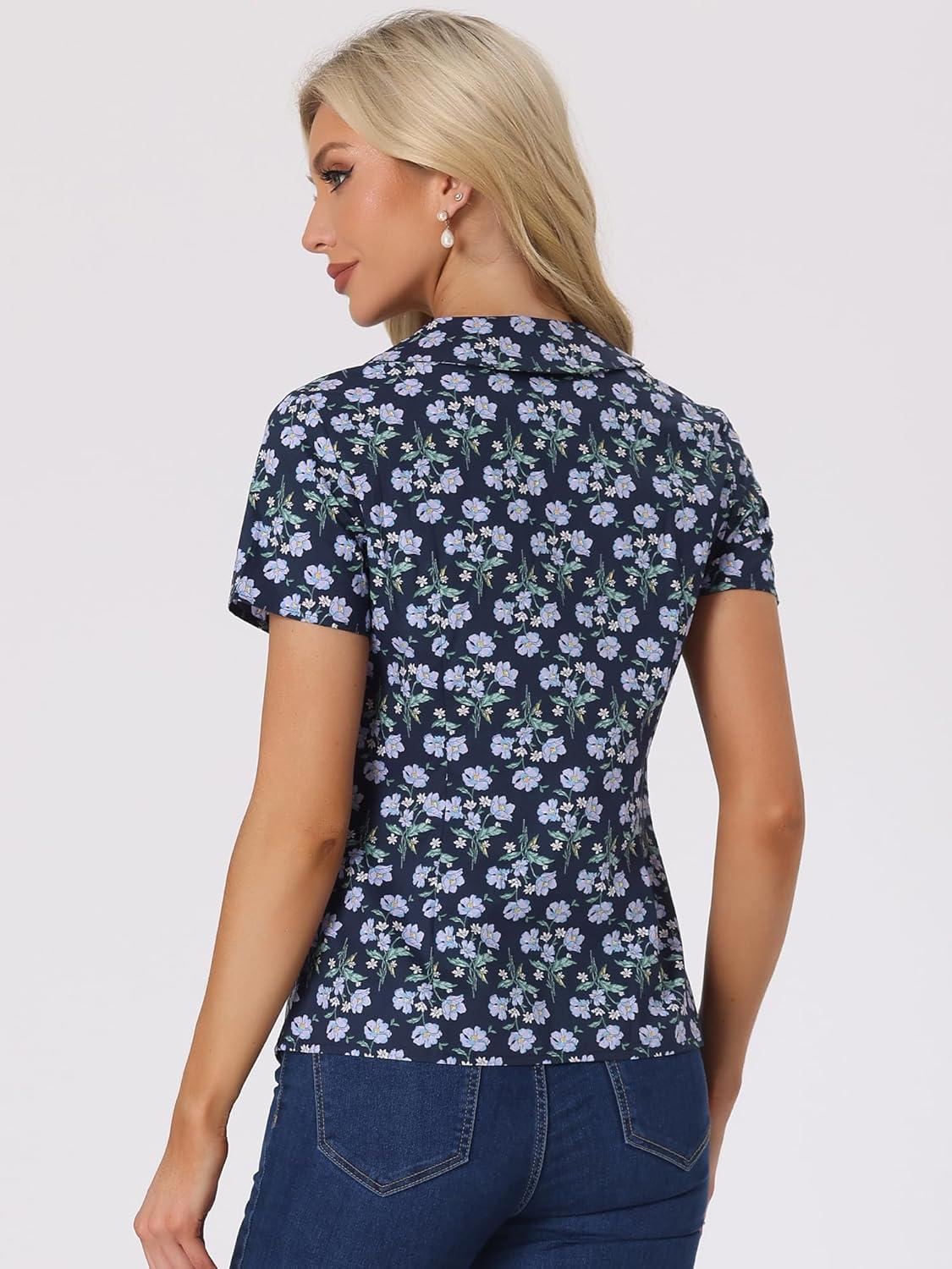 imageAllegra K Womens Peter Pan Collar Shirts Button Front Vintage Floral Blouse TopDark Blue
