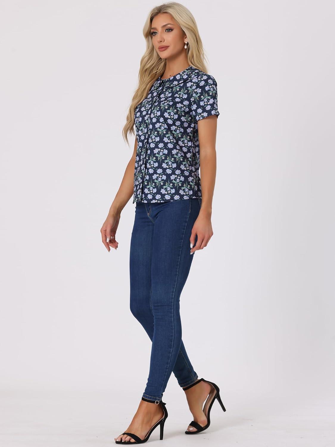 imageAllegra K Womens Peter Pan Collar Shirts Button Front Vintage Floral Blouse TopDark Blue