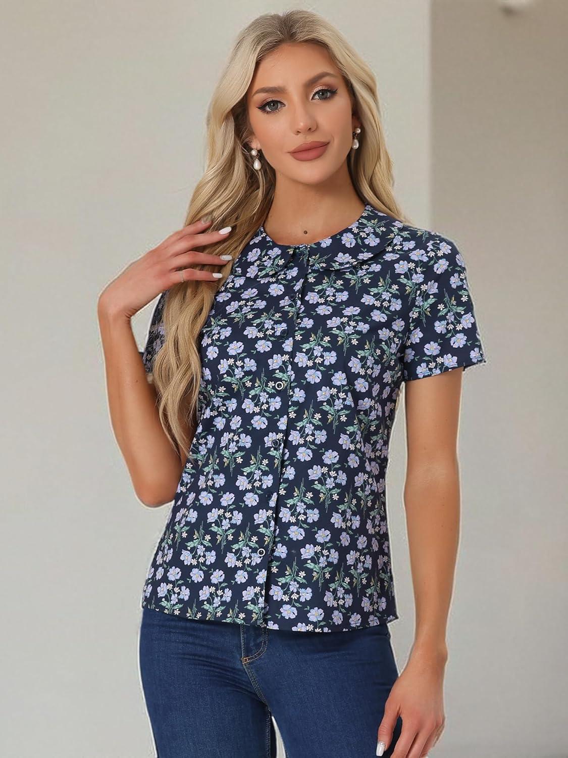 imageAllegra K Womens Peter Pan Collar Shirts Button Front Vintage Floral Blouse TopDark Blue