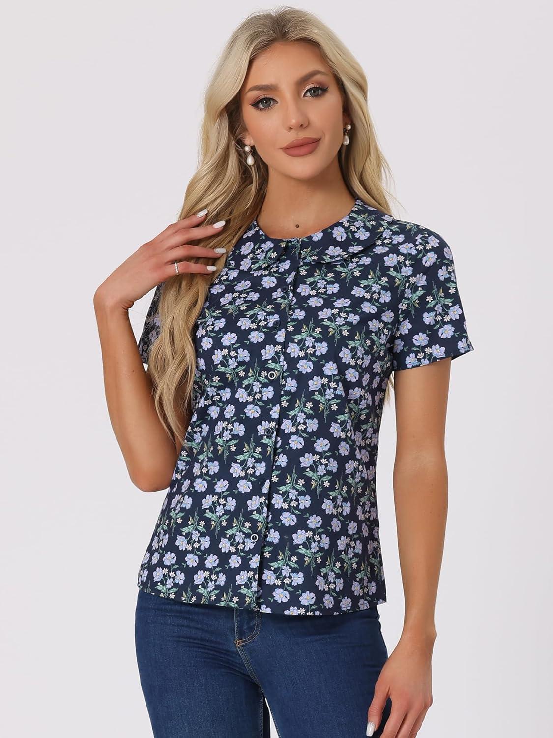 imageAllegra K Womens Peter Pan Collar Shirts Button Front Vintage Floral Blouse TopDark Blue