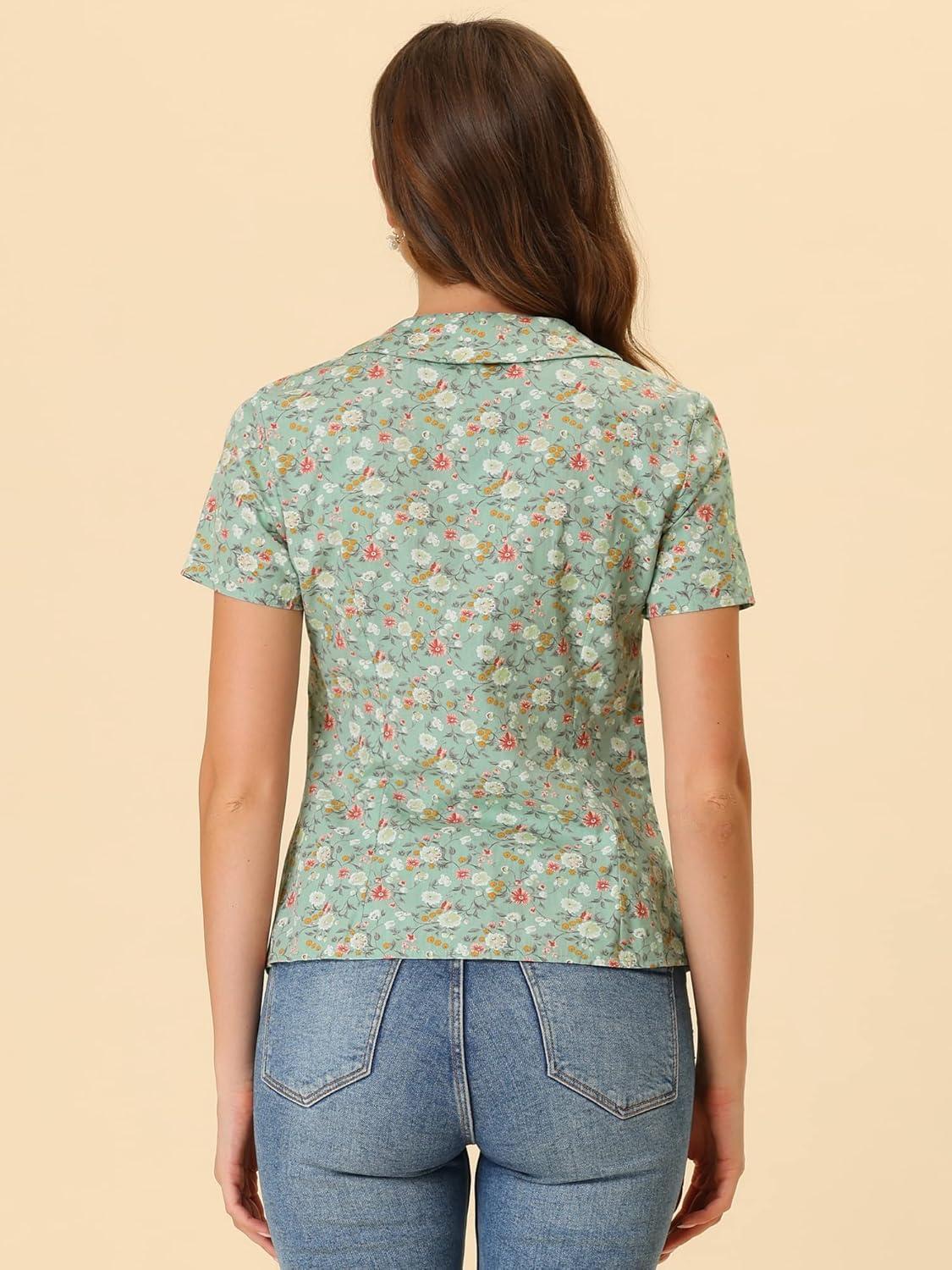 imageAllegra K Womens Peter Pan Collar Shirts Button Front Vintage Floral Blouse TopGreen