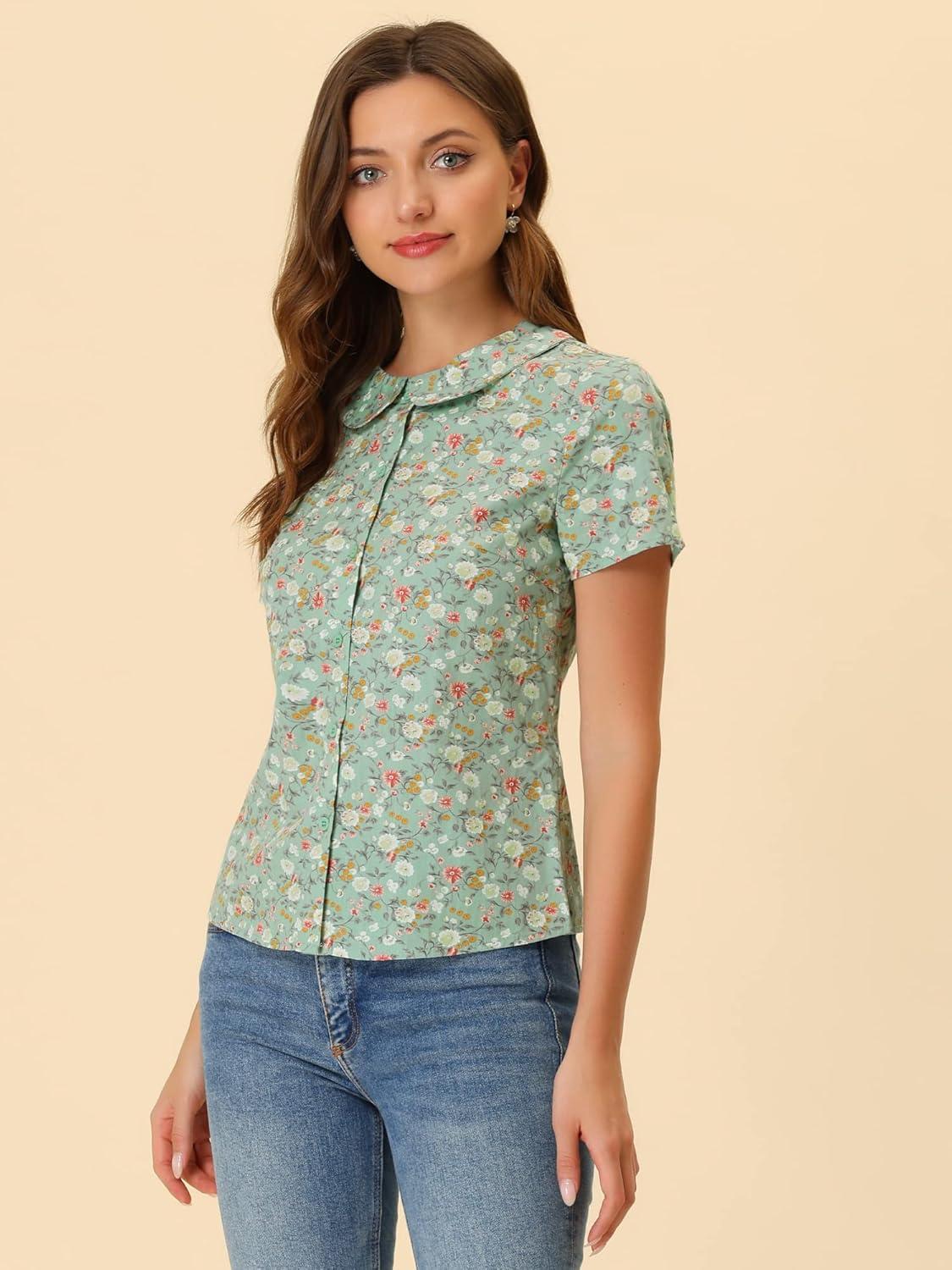 imageAllegra K Womens Peter Pan Collar Shirts Button Front Vintage Floral Blouse TopGreen