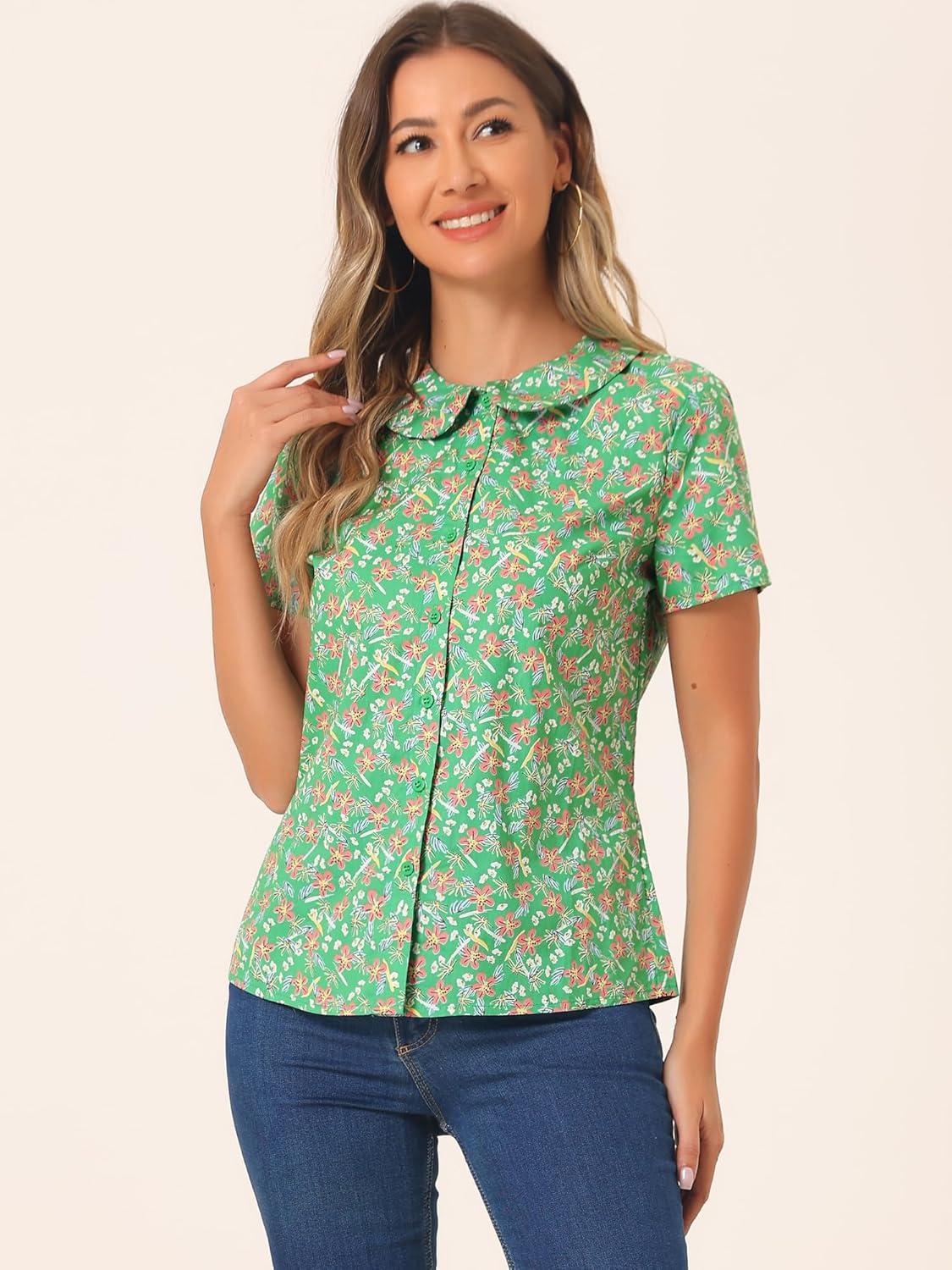 imageAllegra K Womens Peter Pan Collar Shirts Button Front Vintage Floral Blouse TopGreen Pink
