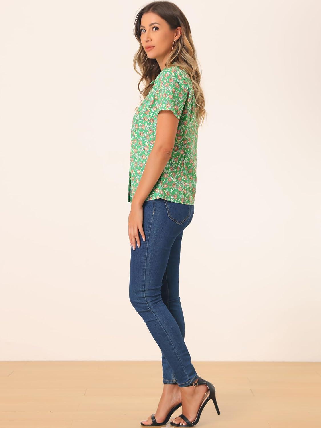 imageAllegra K Womens Peter Pan Collar Shirts Button Front Vintage Floral Blouse TopGreen Pink