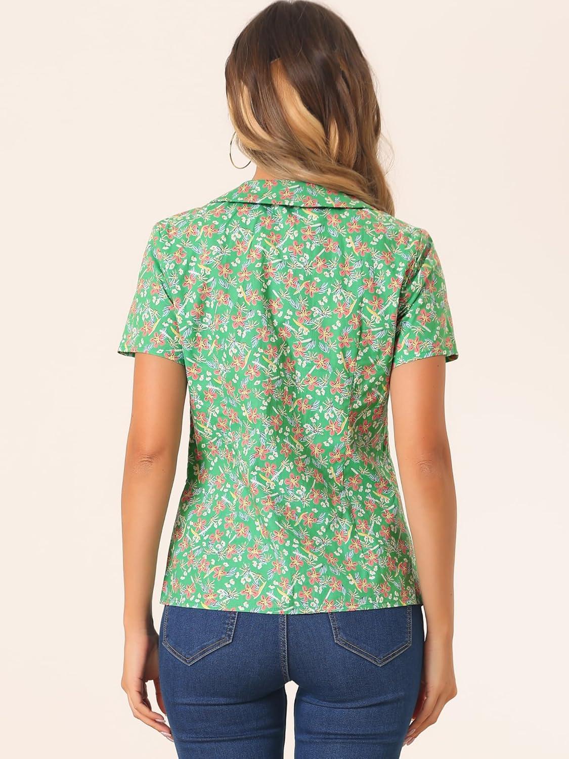 imageAllegra K Womens Peter Pan Collar Shirts Button Front Vintage Floral Blouse TopGreen Pink
