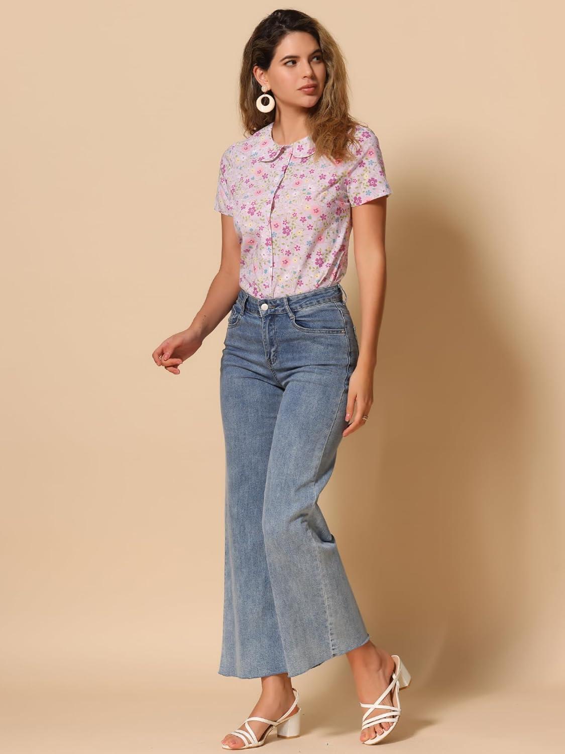 imageAllegra K Womens Peter Pan Collar Shirts Button Front Vintage Floral Blouse TopLight Pink