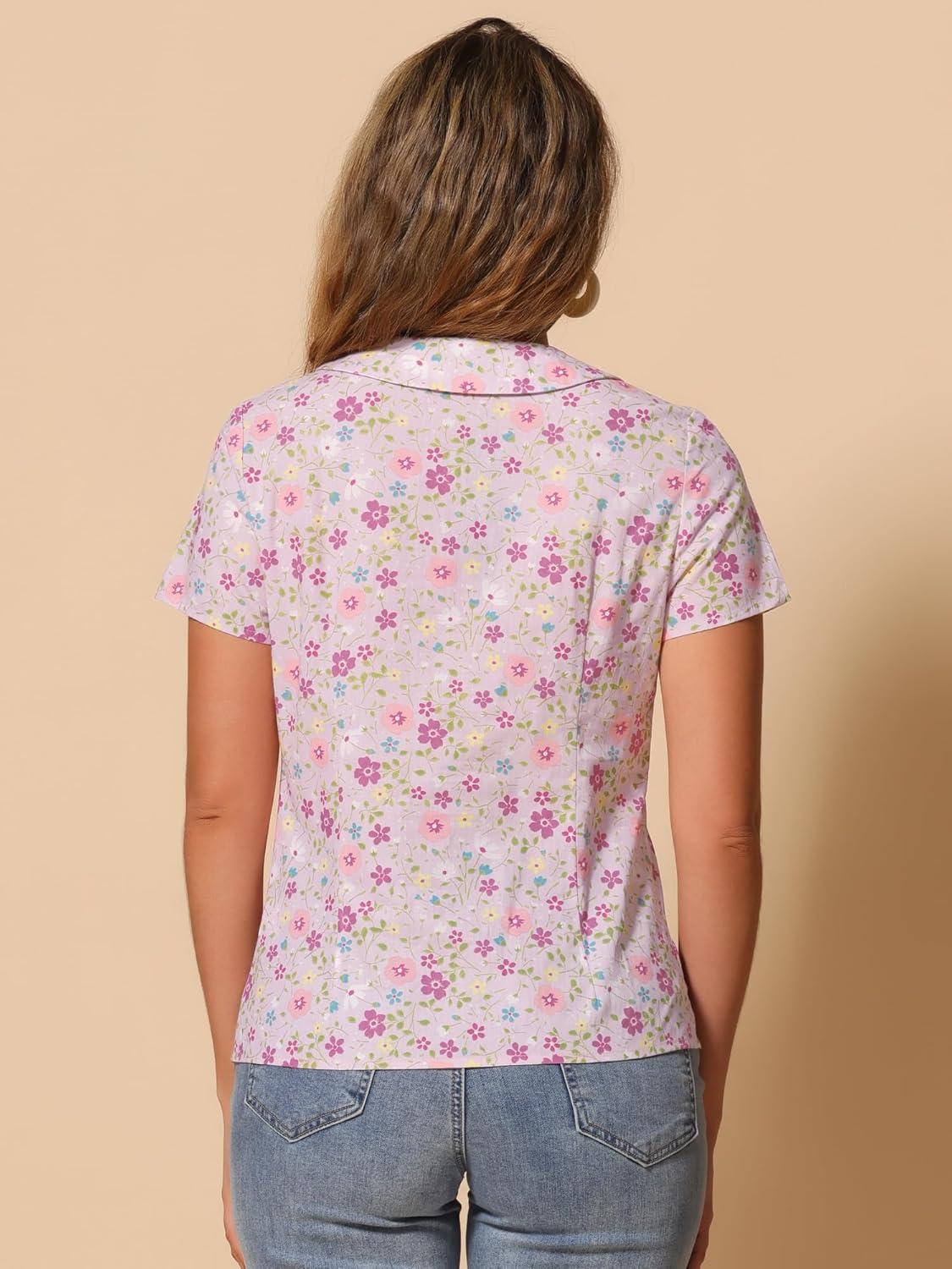 imageAllegra K Womens Peter Pan Collar Shirts Button Front Vintage Floral Blouse TopLight Pink