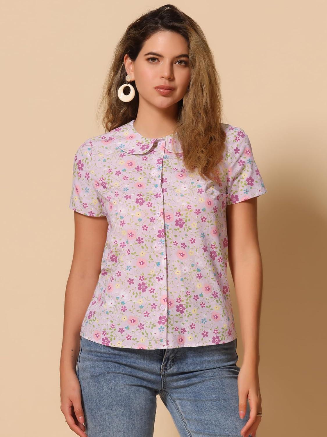 imageAllegra K Womens Peter Pan Collar Shirts Button Front Vintage Floral Blouse TopLight Pink