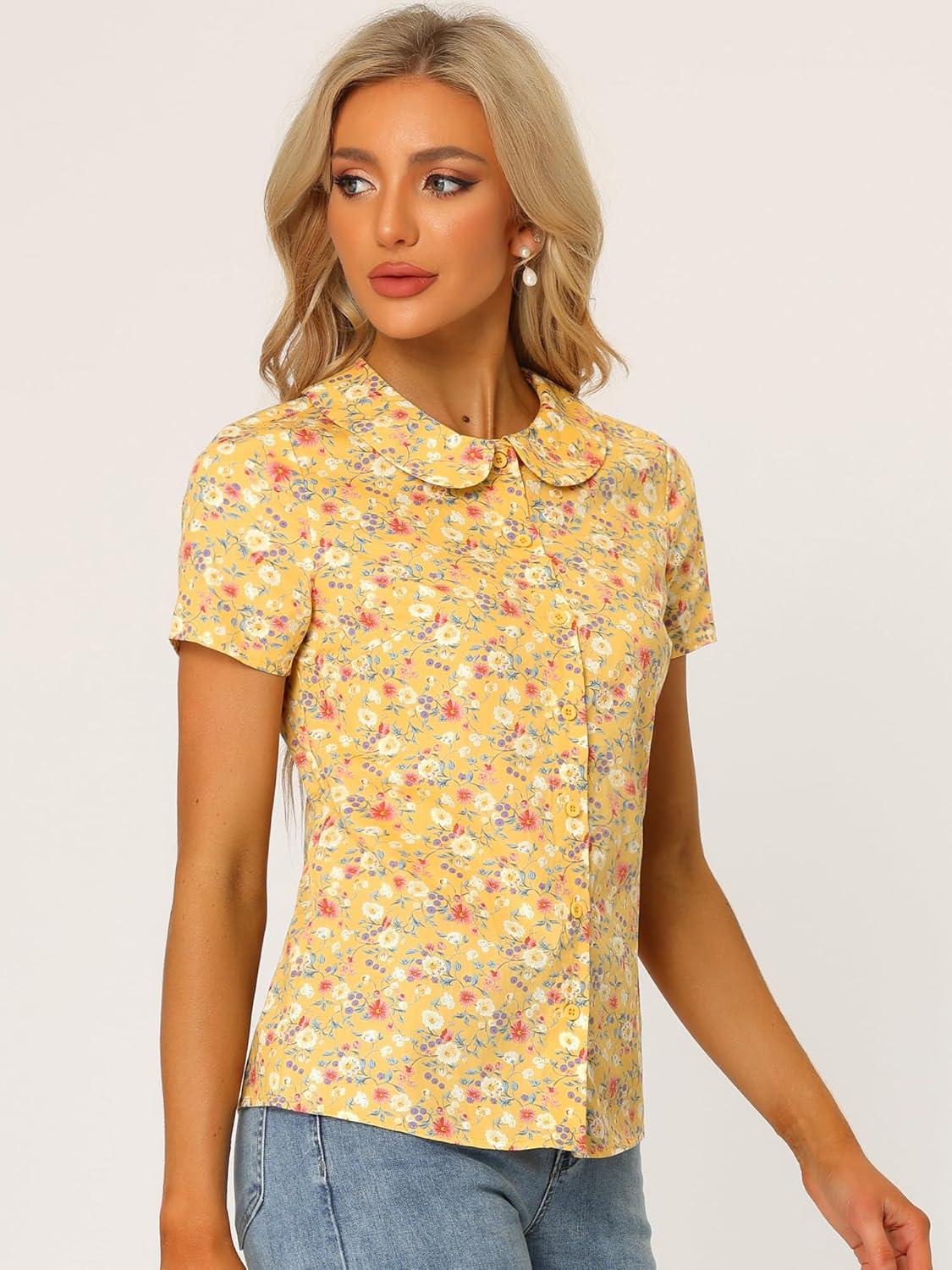 imageAllegra K Womens Peter Pan Collar Shirts Button Front Vintage Floral Blouse TopYellow