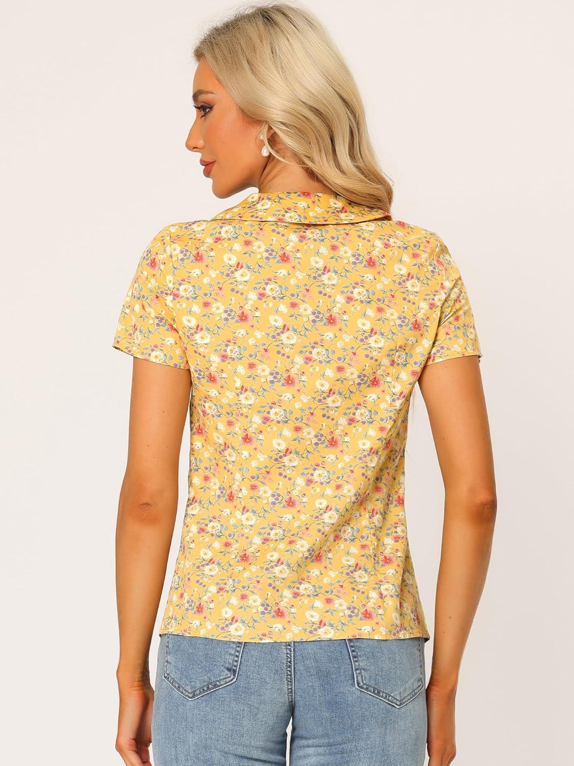 imageAllegra K Womens Peter Pan Collar Shirts Button Front Vintage Floral Blouse TopYellow