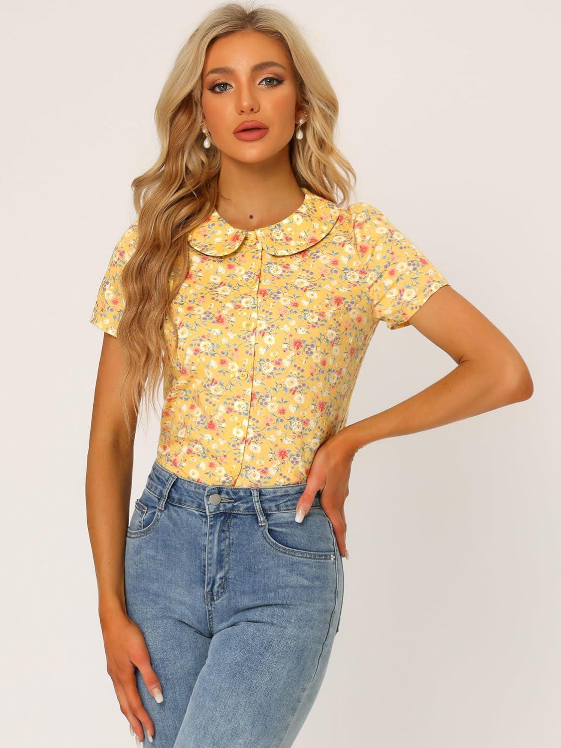 imageAllegra K Womens Peter Pan Collar Shirts Button Front Vintage Floral Blouse TopYellow