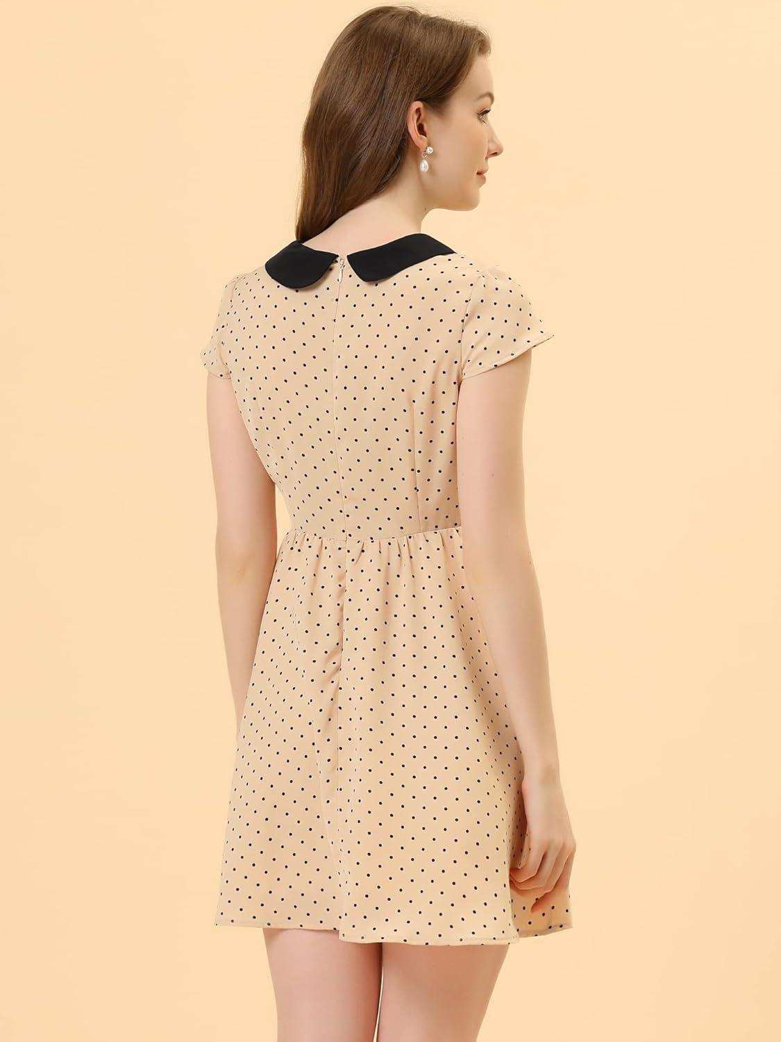 imageAllegra K Womens Peter Pan Collar Short Sleeves Contrast ALine Polka Dots DressBeige