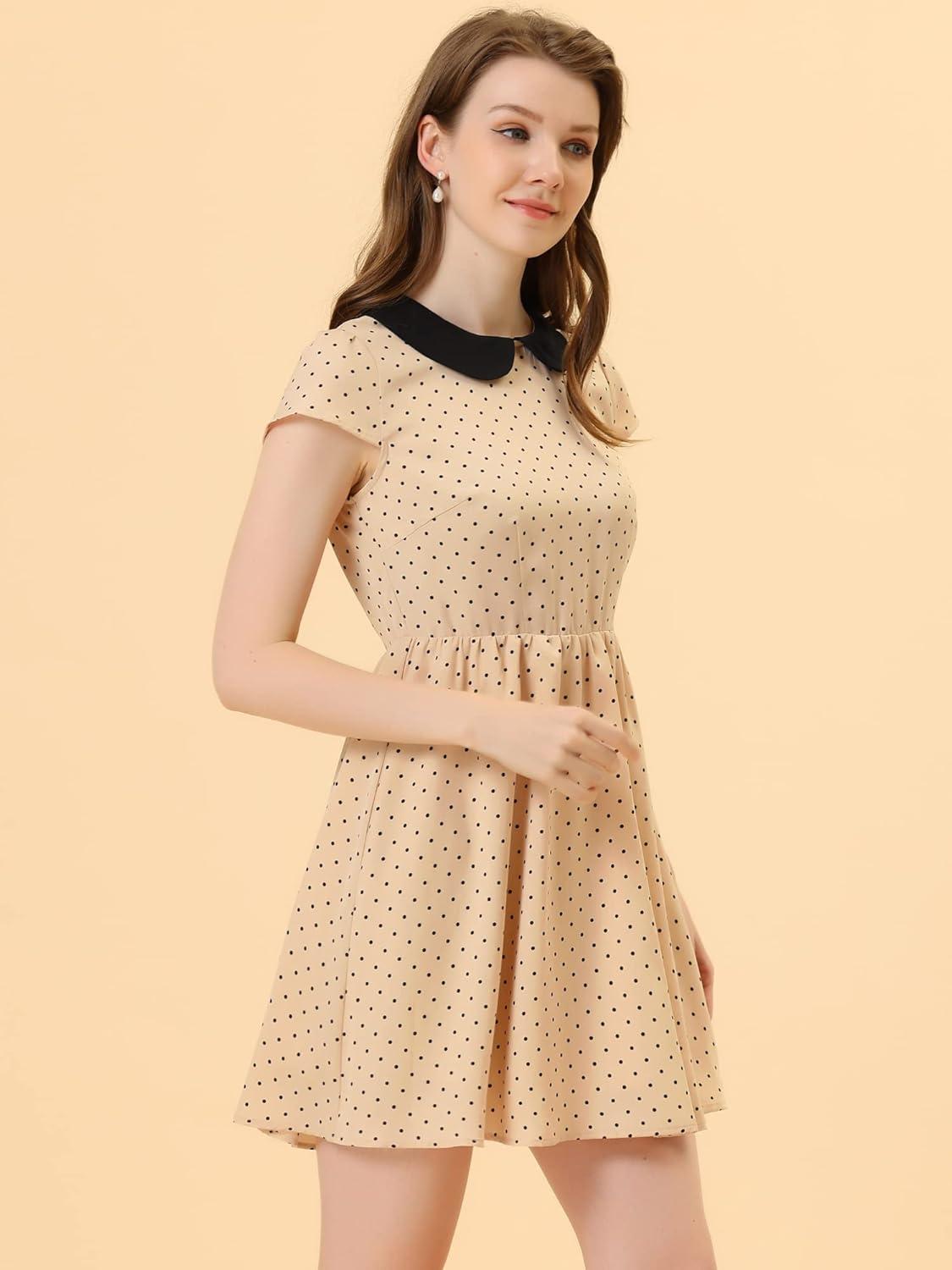 imageAllegra K Womens Peter Pan Collar Short Sleeves Contrast ALine Polka Dots DressBeige