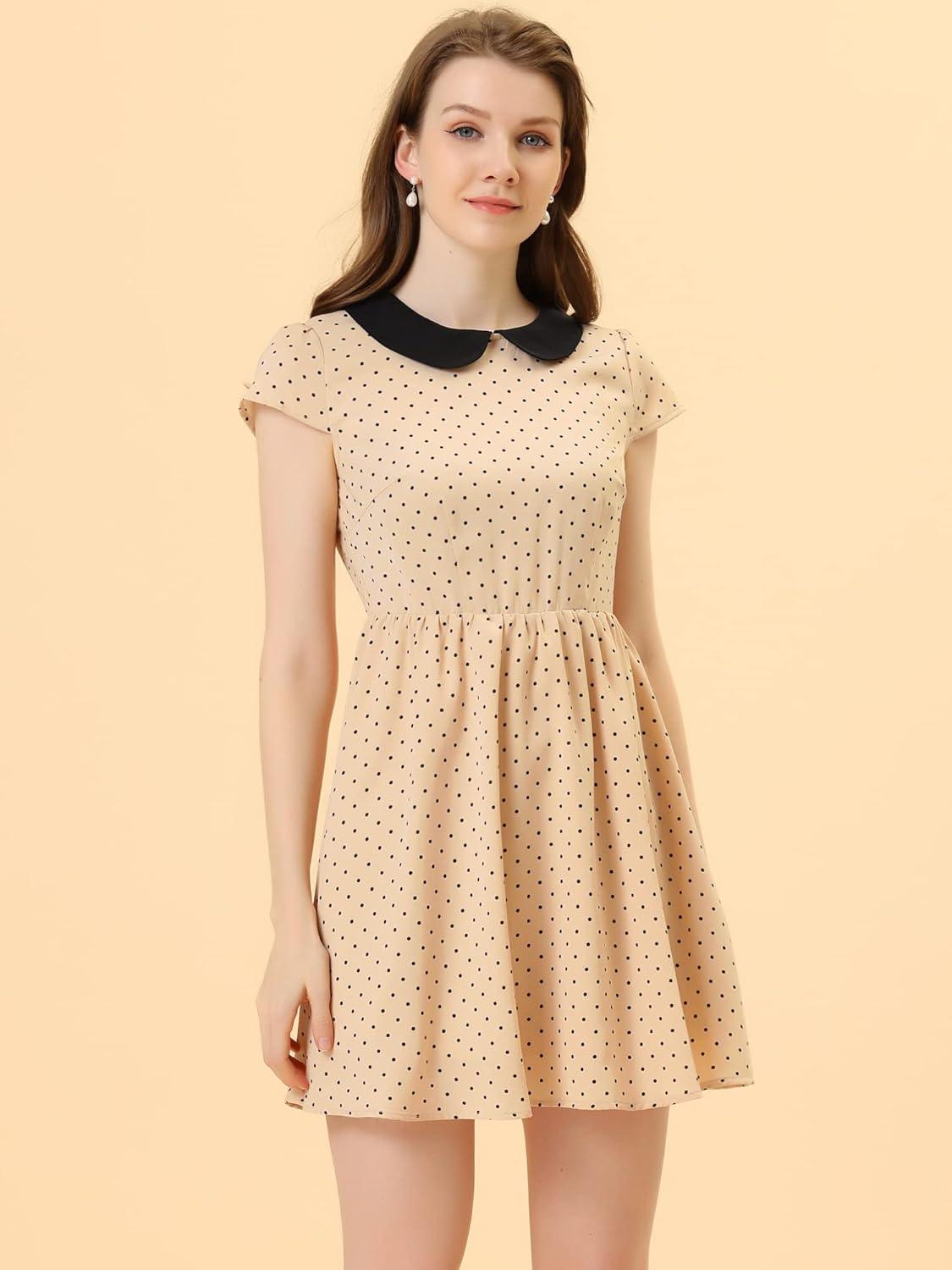 imageAllegra K Womens Peter Pan Collar Short Sleeves Contrast ALine Polka Dots DressBeige