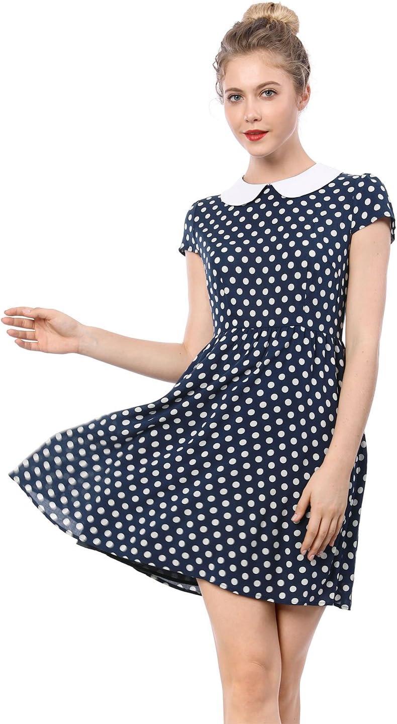 imageAllegra K Womens Peter Pan Collar Short Sleeves Contrast ALine Polka Dots DressBlue