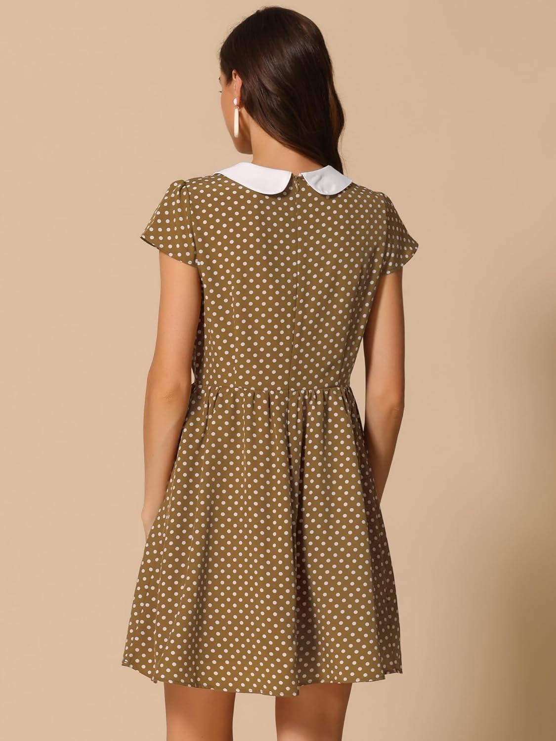 imageAllegra K Womens Peter Pan Collar Short Sleeves Contrast ALine Polka Dots DressBrown