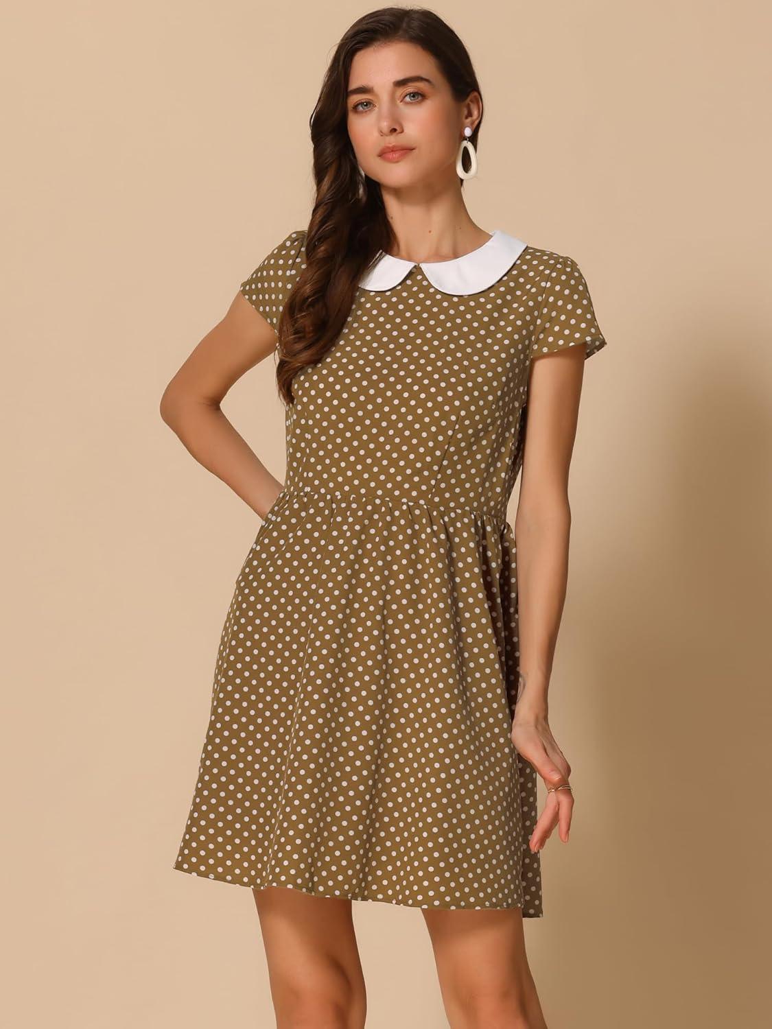 imageAllegra K Womens Peter Pan Collar Short Sleeves Contrast ALine Polka Dots DressBrown