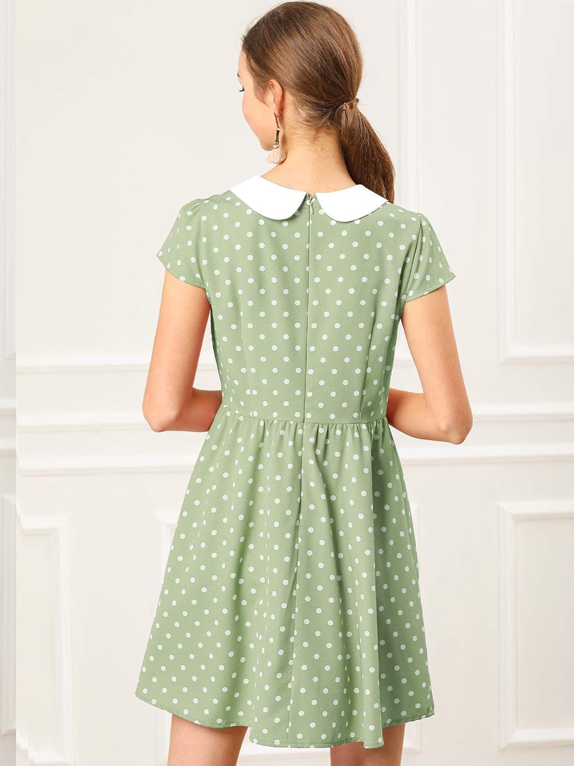 imageAllegra K Womens Peter Pan Collar Short Sleeves Contrast ALine Polka Dots DressGreen
