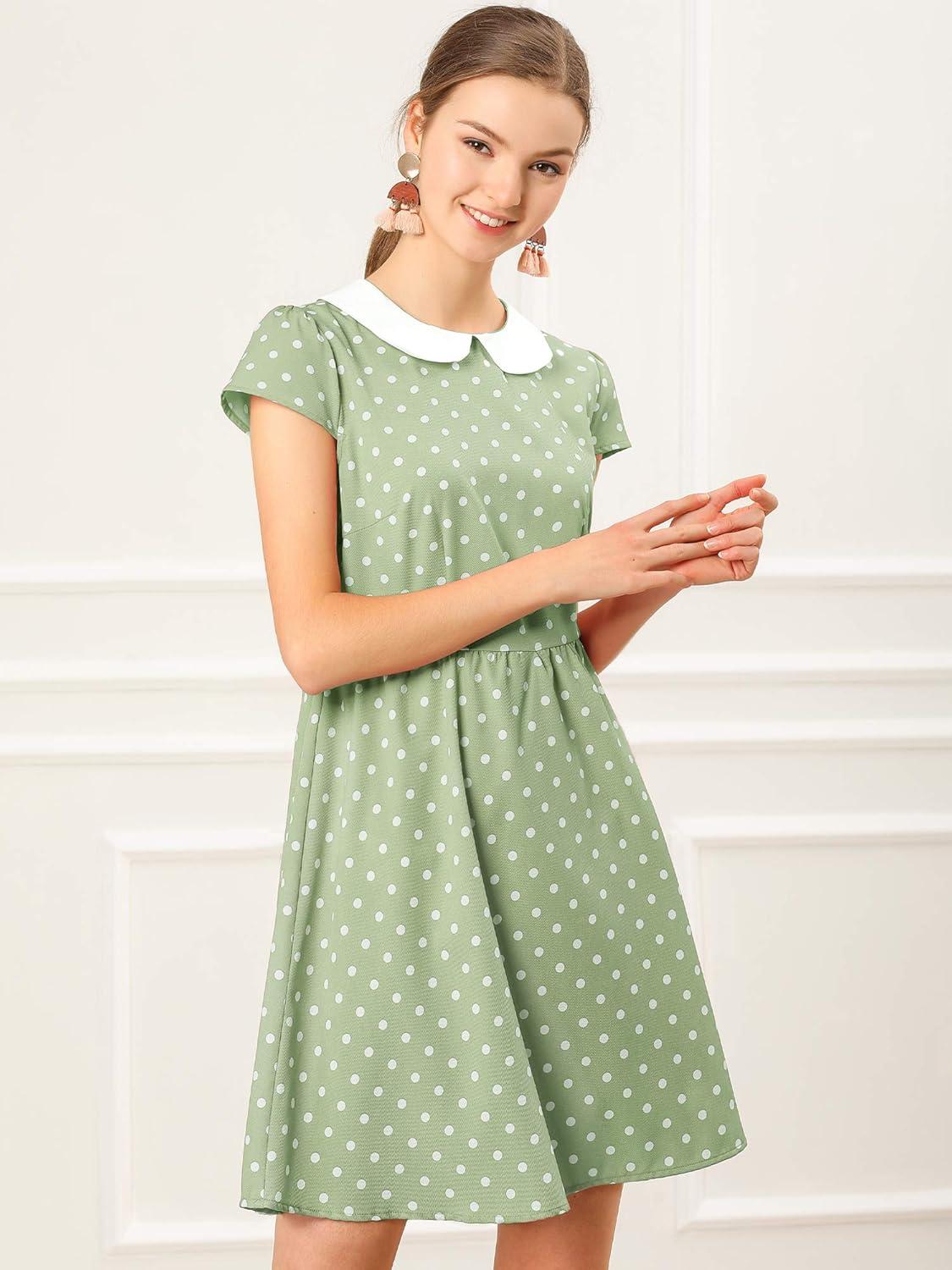 imageAllegra K Womens Peter Pan Collar Short Sleeves Contrast ALine Polka Dots DressGreen