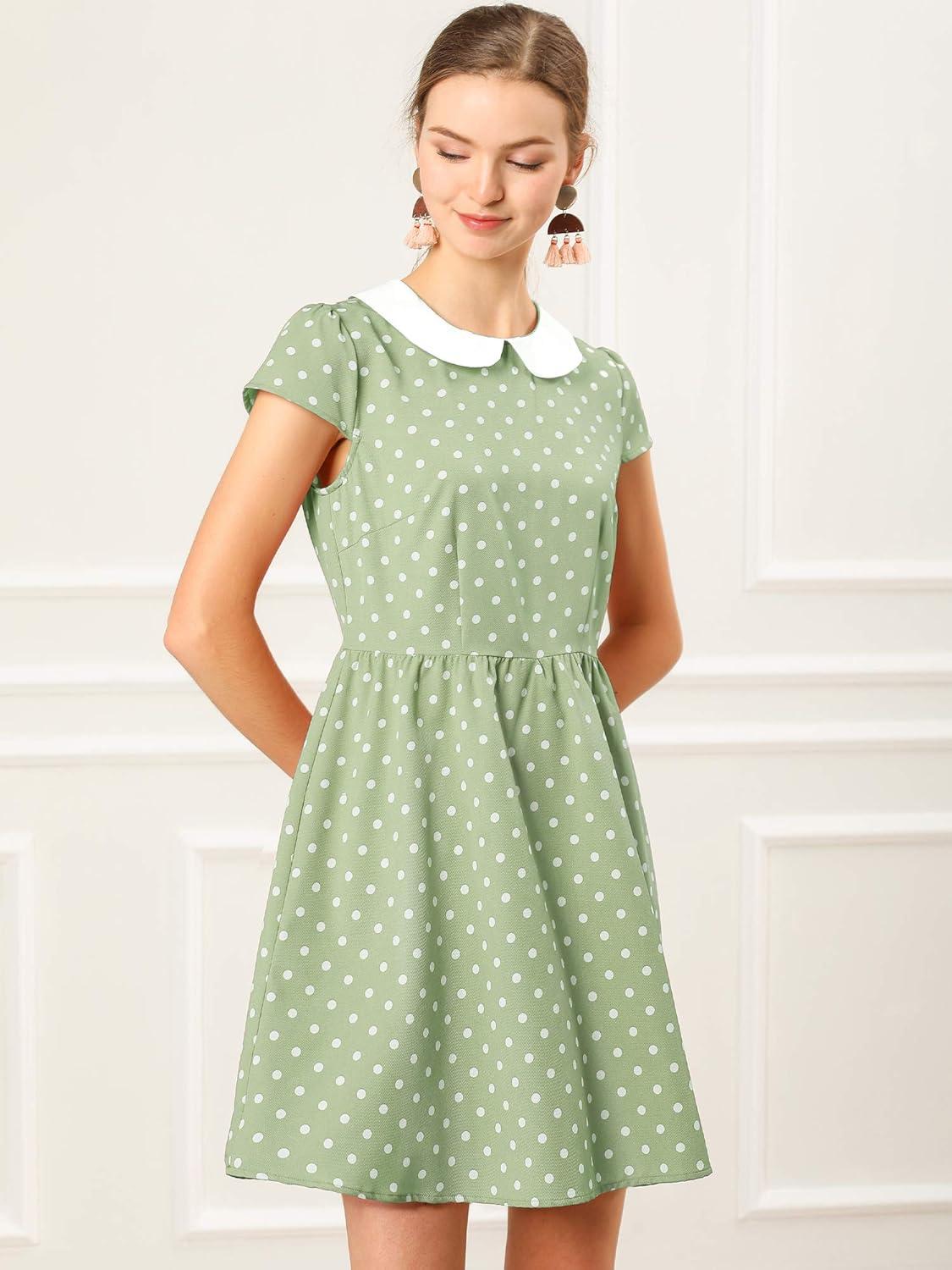 imageAllegra K Womens Peter Pan Collar Short Sleeves Contrast ALine Polka Dots DressGreen