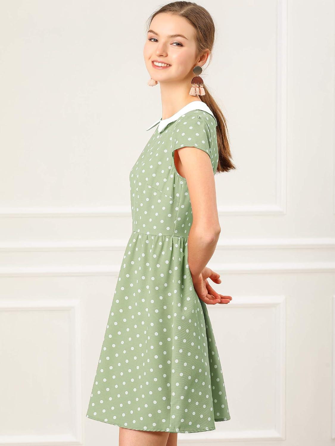 imageAllegra K Womens Peter Pan Collar Short Sleeves Contrast ALine Polka Dots DressGreen