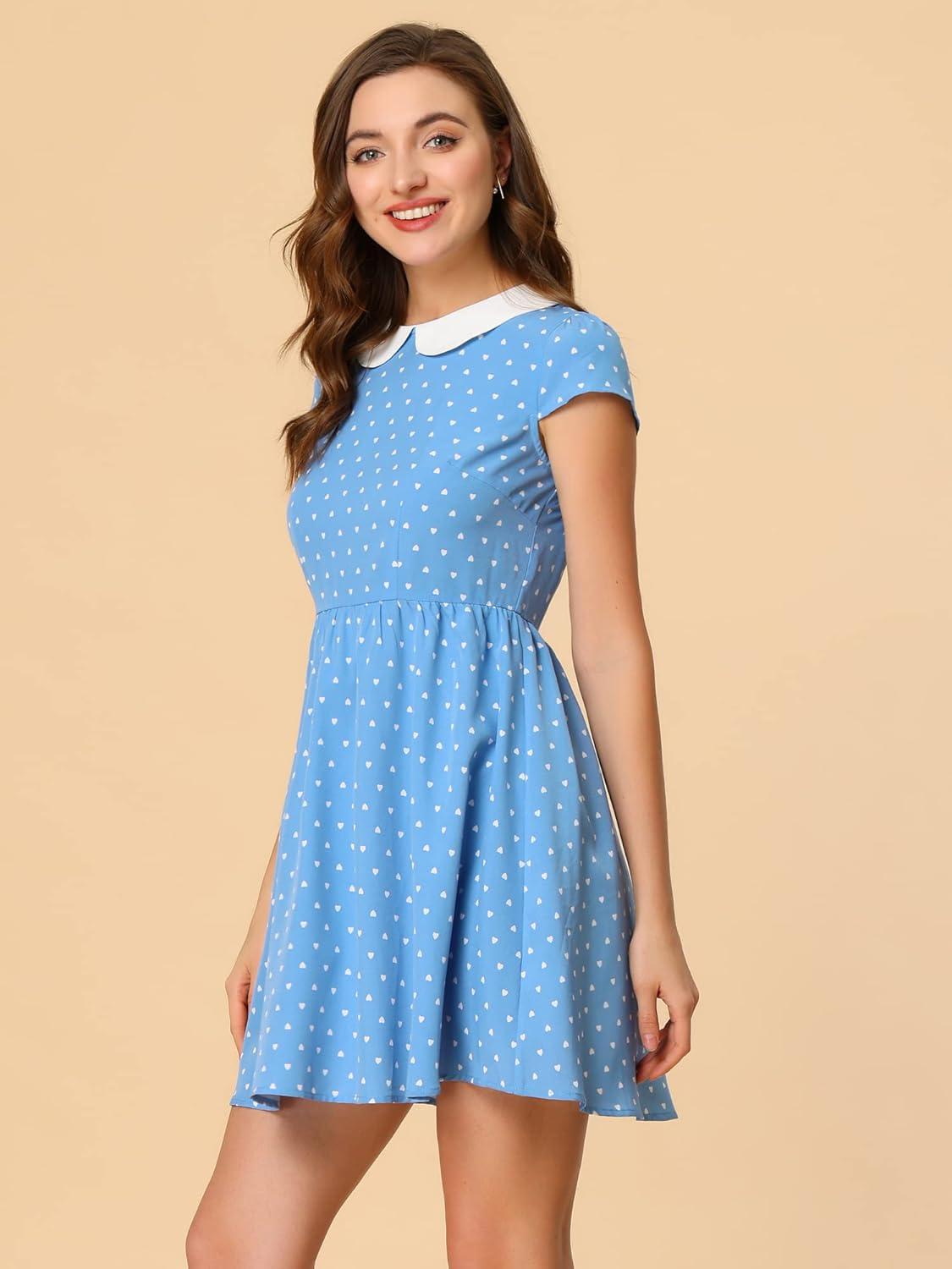 imageAllegra K Womens Peter Pan Collar Short Sleeves Contrast ALine Polka Dots DressLight Blue