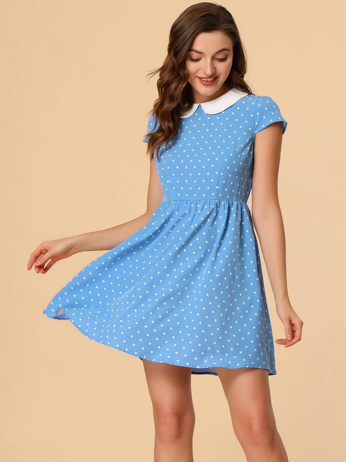 imageAllegra K Womens Peter Pan Collar Short Sleeves Contrast ALine Polka Dots DressLight Blue