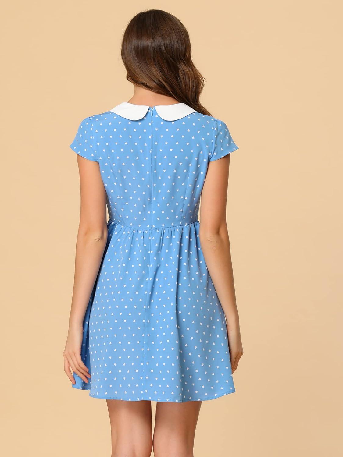 imageAllegra K Womens Peter Pan Collar Short Sleeves Contrast ALine Polka Dots DressLight Blue