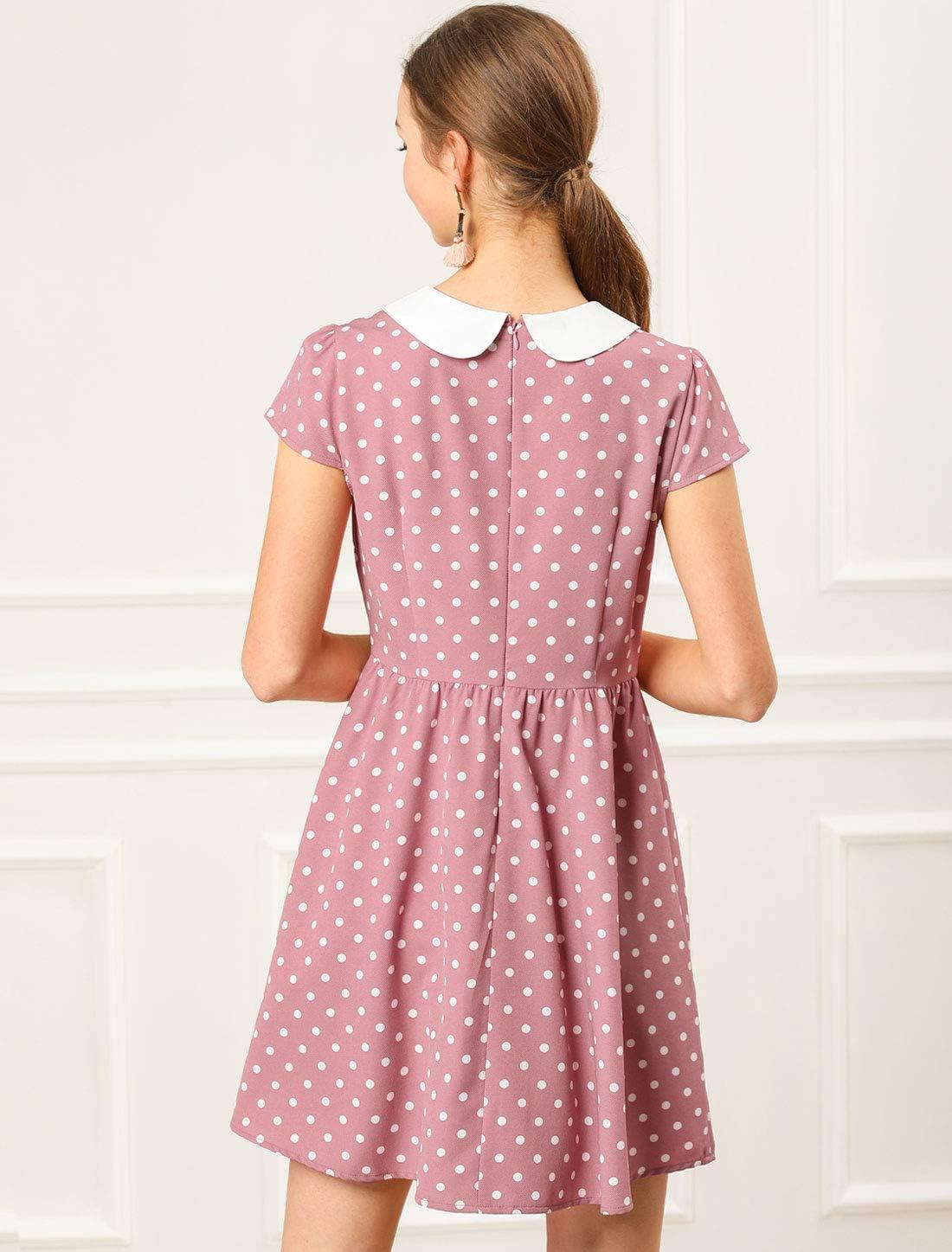 imageAllegra K Womens Peter Pan Collar Short Sleeves Contrast ALine Polka Dots DressPink