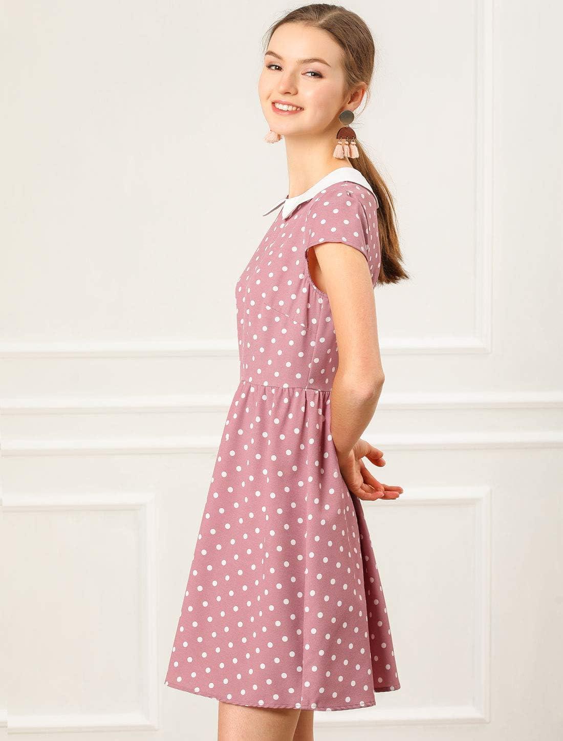 imageAllegra K Womens Peter Pan Collar Short Sleeves Contrast ALine Polka Dots DressPink