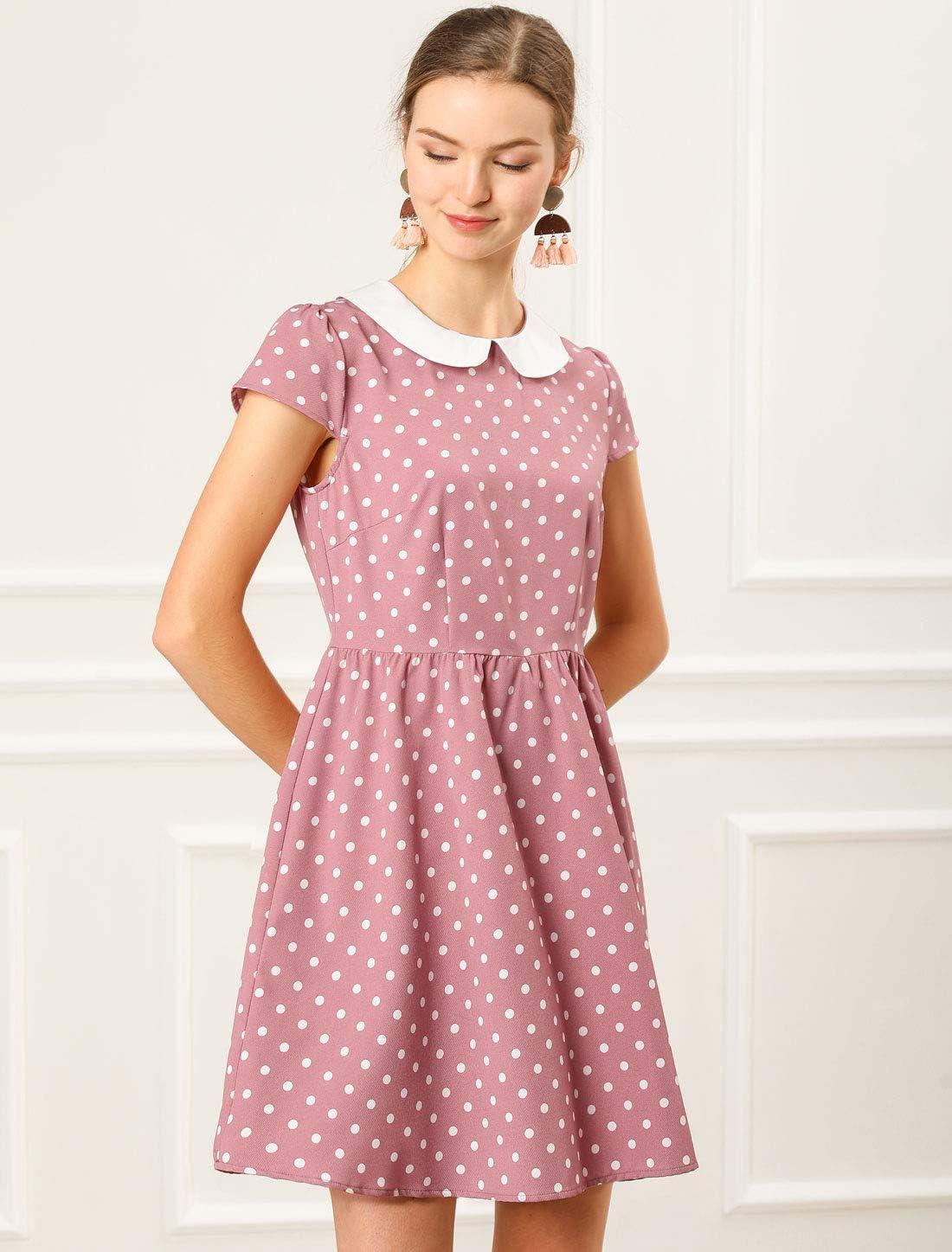 imageAllegra K Womens Peter Pan Collar Short Sleeves Contrast ALine Polka Dots DressPink