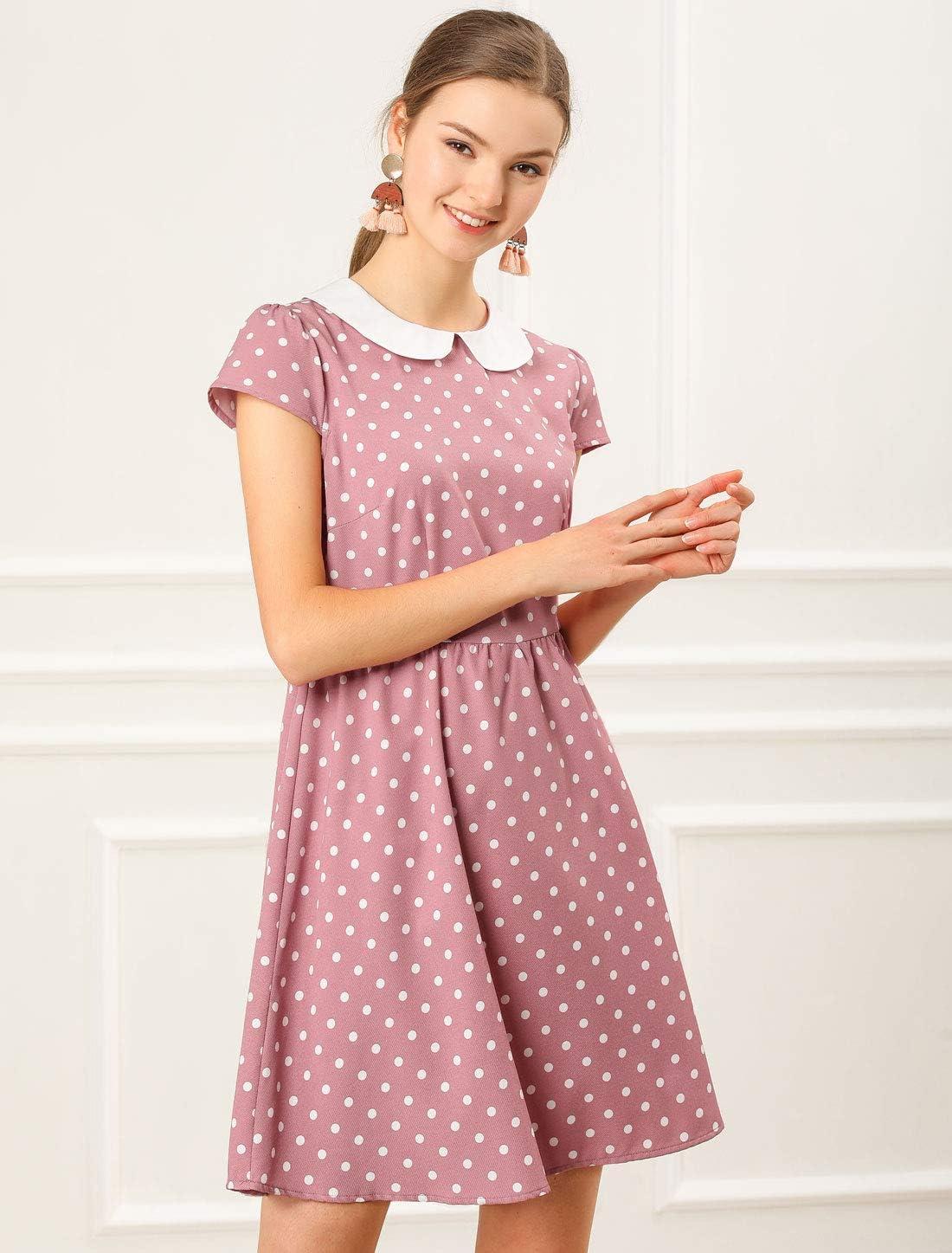 imageAllegra K Womens Peter Pan Collar Short Sleeves Contrast ALine Polka Dots DressPink